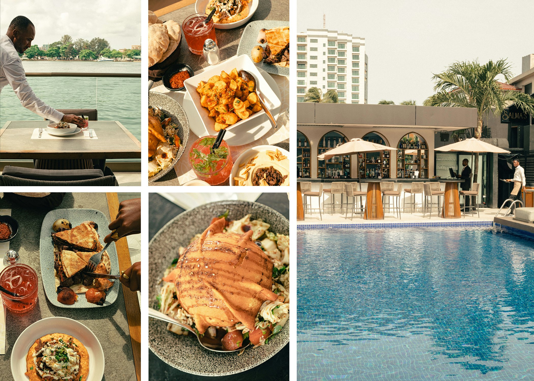 A collage of photographs from an elegant Middle Eastern restaurant with a beautiful poolside setting.