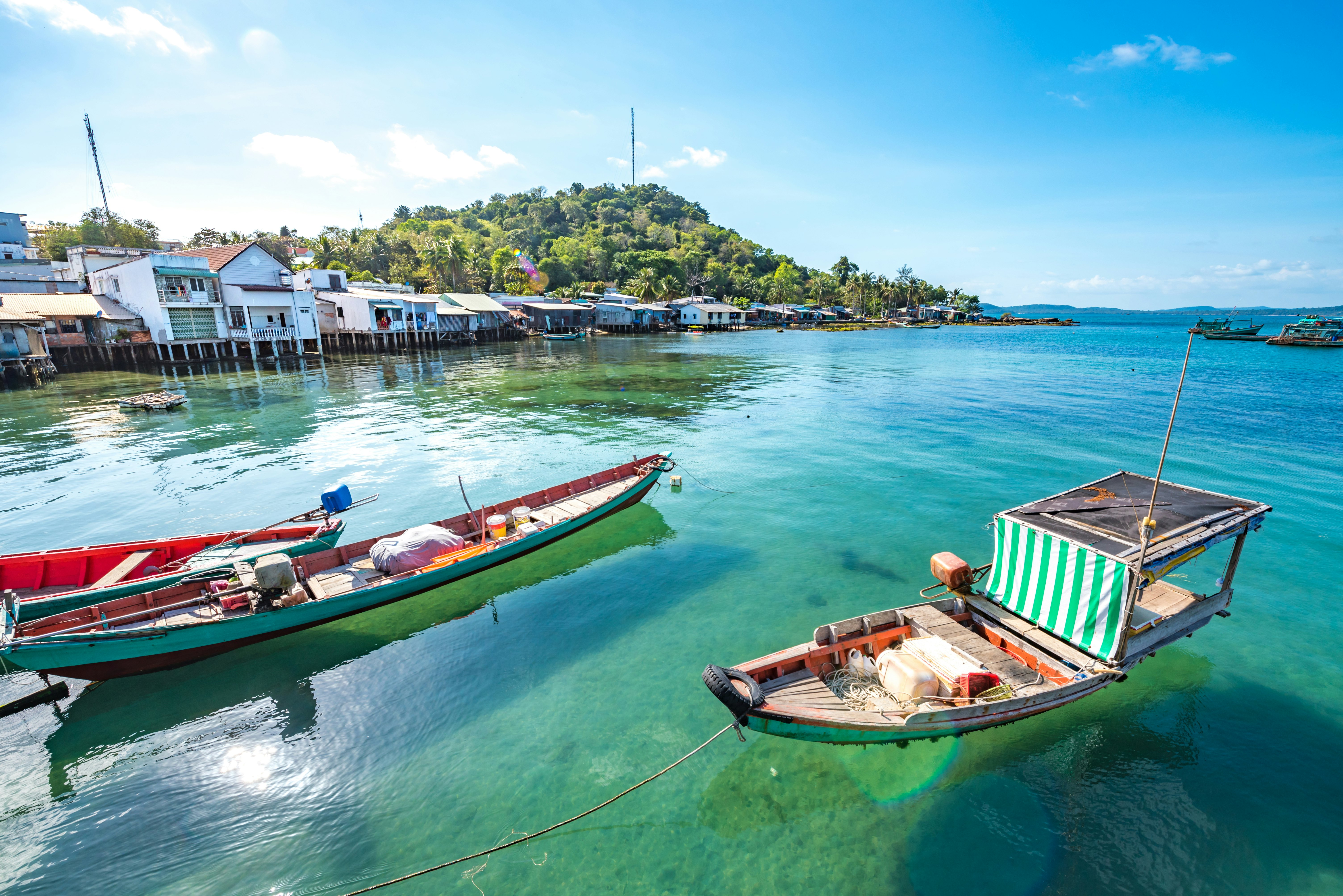 Fishing boats in the bay at Ganh Dau on the island of Phu Quoc, Vietnam.