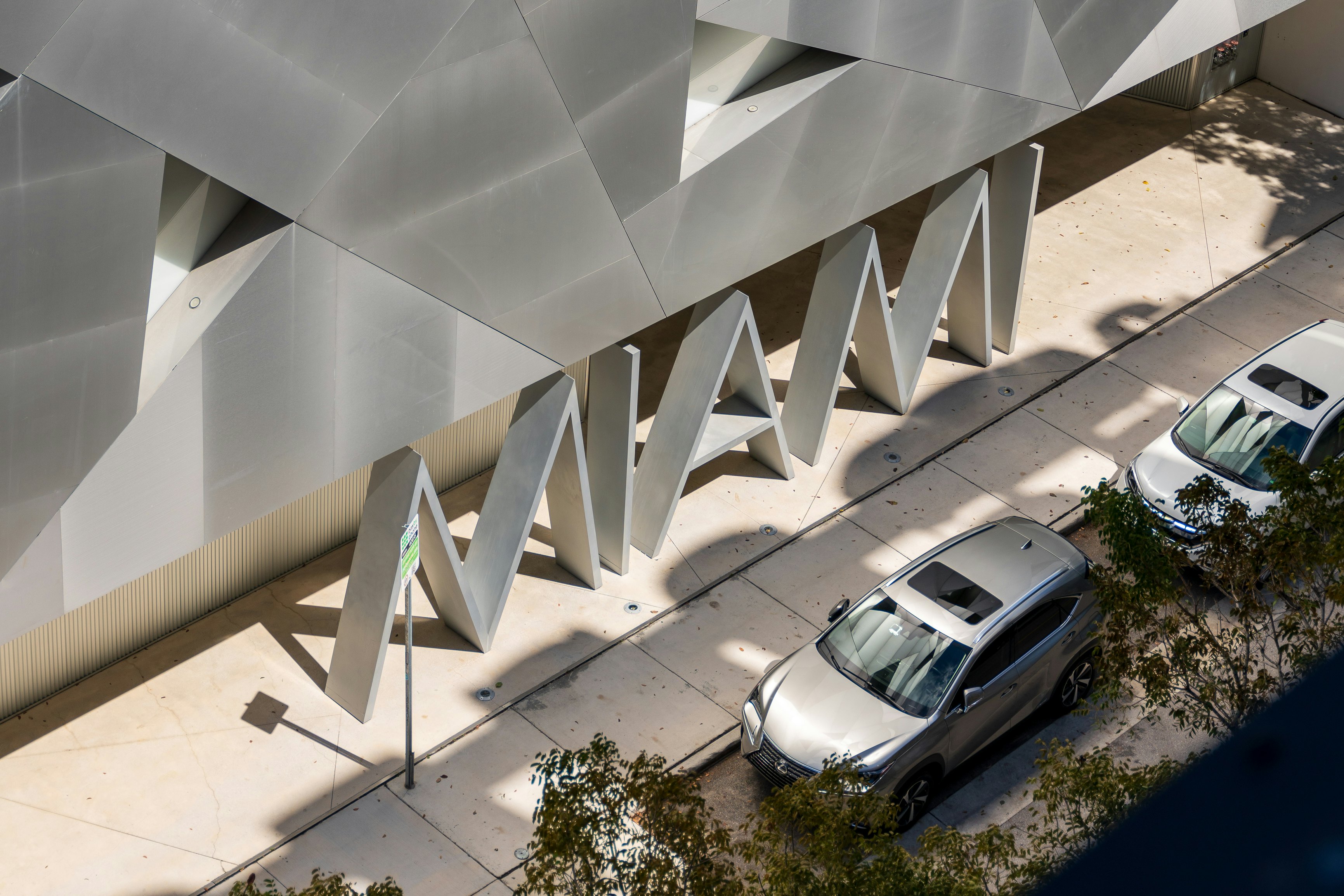 Miami signage in big metallic letters at the Institute of Contemporary Art