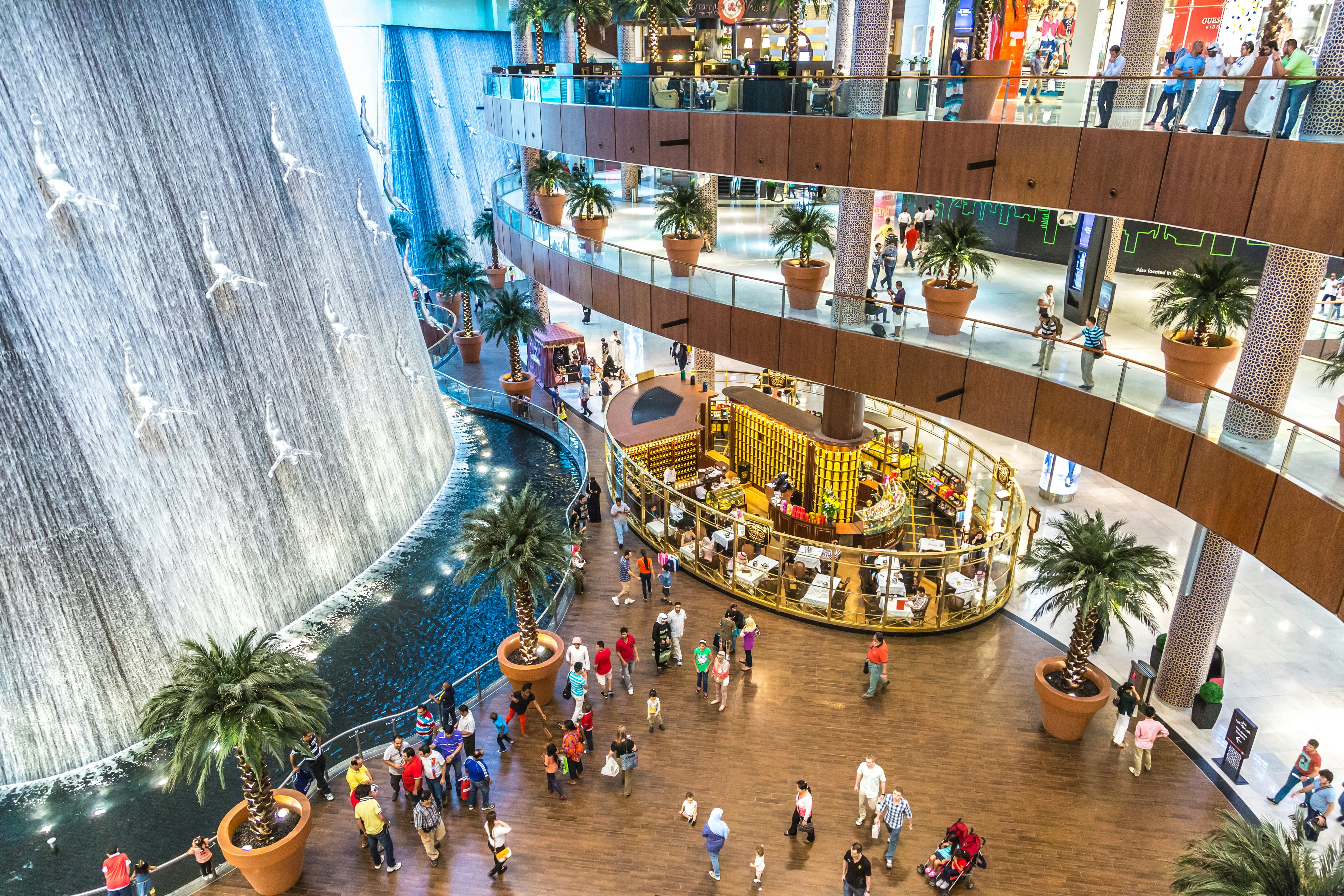 Waterfall in Dubai Mall - world's largest shopping mall based on total area and sixth largest by gross leasable area