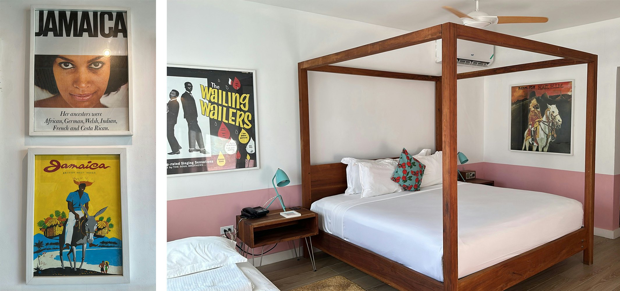 Retro Jamaican advertising art on walls of simple hotel room in Negril