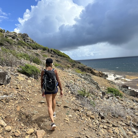 A guide dressed in a brown shirt and black backpack, leads hikers on the rocky cliff side trail to Colombier Beach.