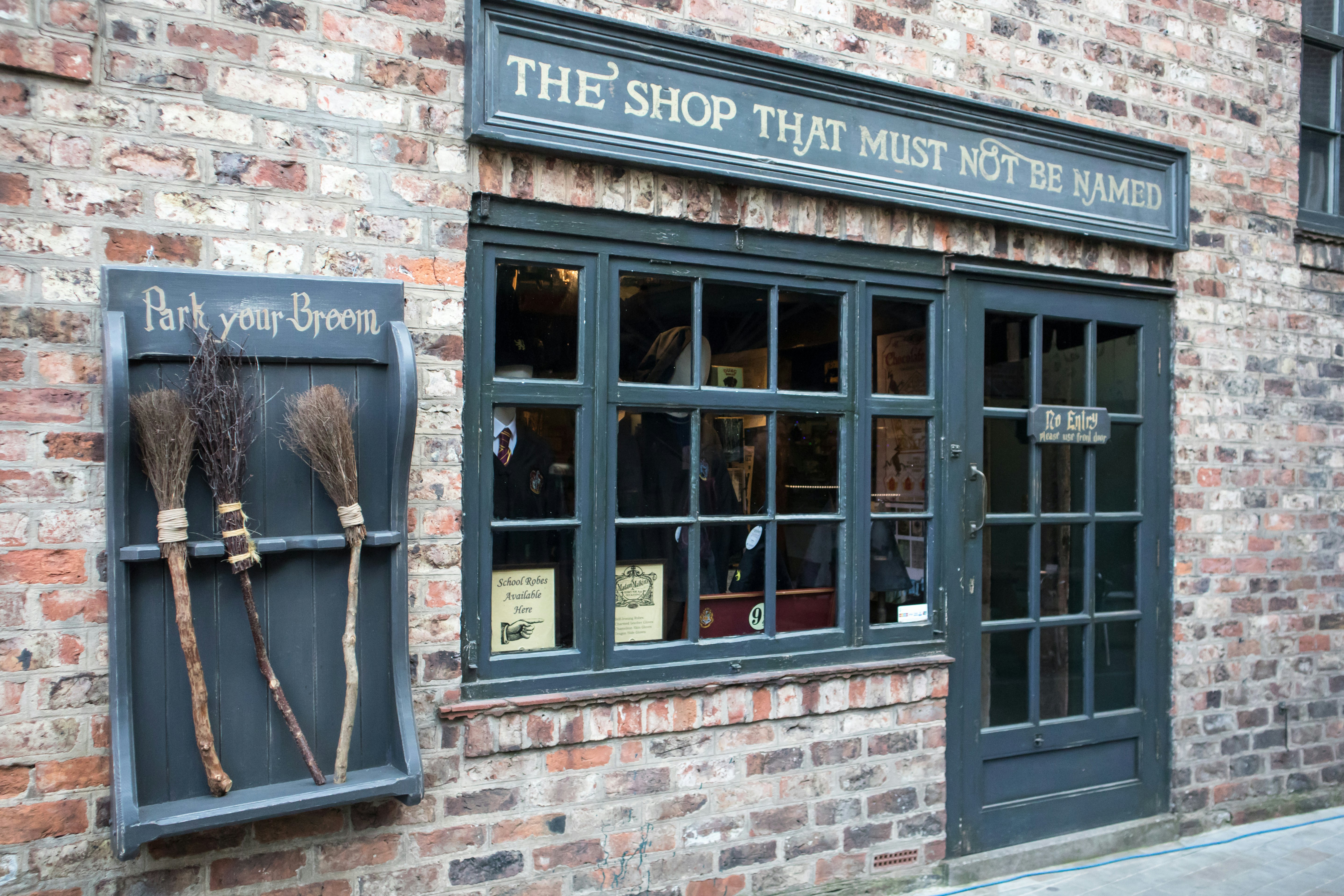The Shop That Must Not Be Named, Harry Potter themed gift shop with broom parking outside