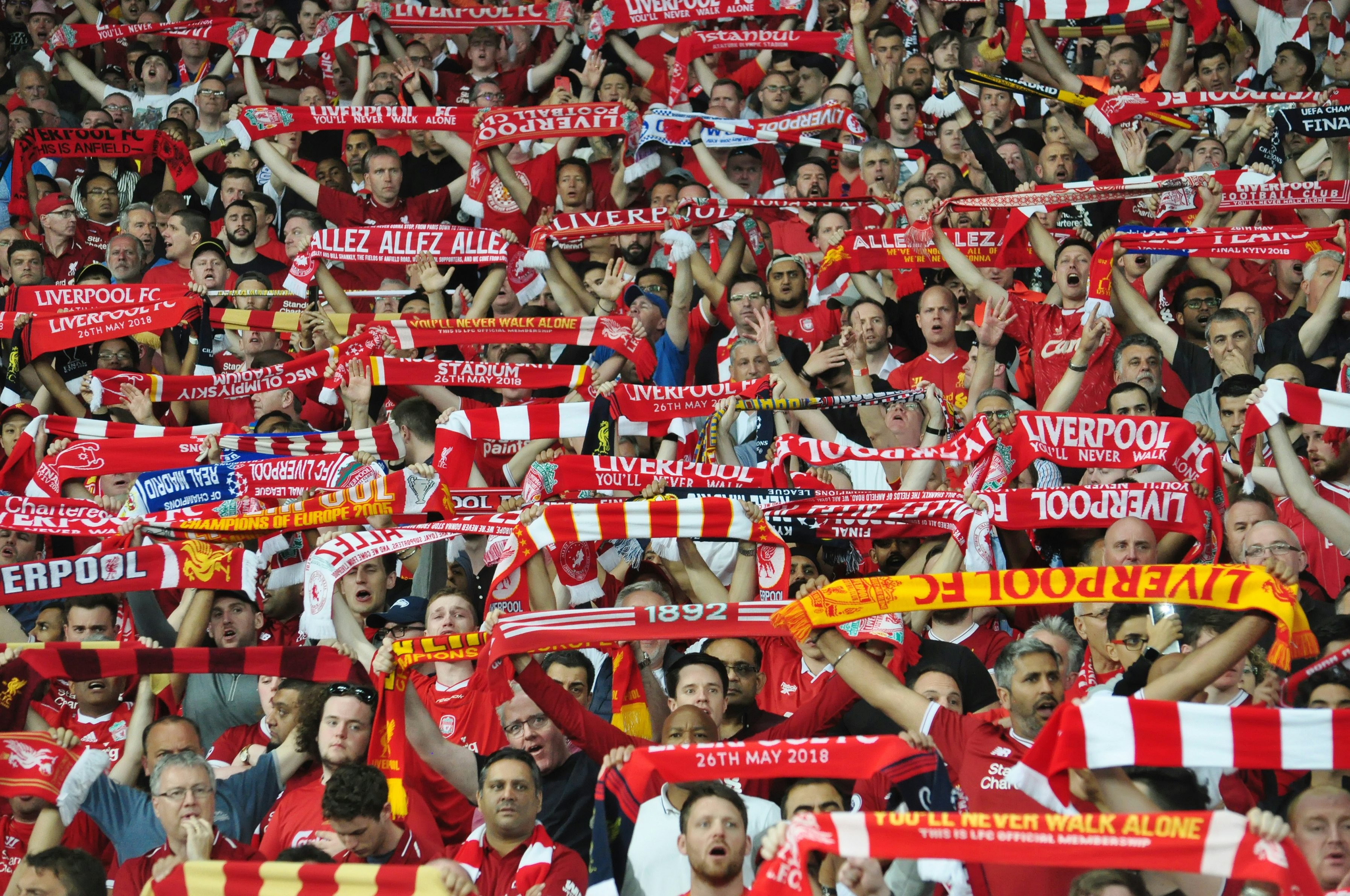 Liverpool football club fans sing during the UEFA Champions League final between Real Madrid and Liverpool.