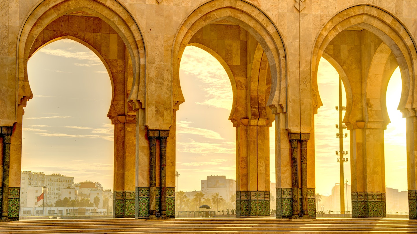Casablanca, Morocco - November 2021 : Hassan II Mosque at dusk, HDR Image, License Type: media, Download Time: 2025-02-25T22:04:58.000Z, User: rhylton_redventures, Editorial: true, purchase_order: 56530 - Guidebooks, job: Lonely Planet WIP, client: Lonely Planet WIP, other: Rhianydd Hylton