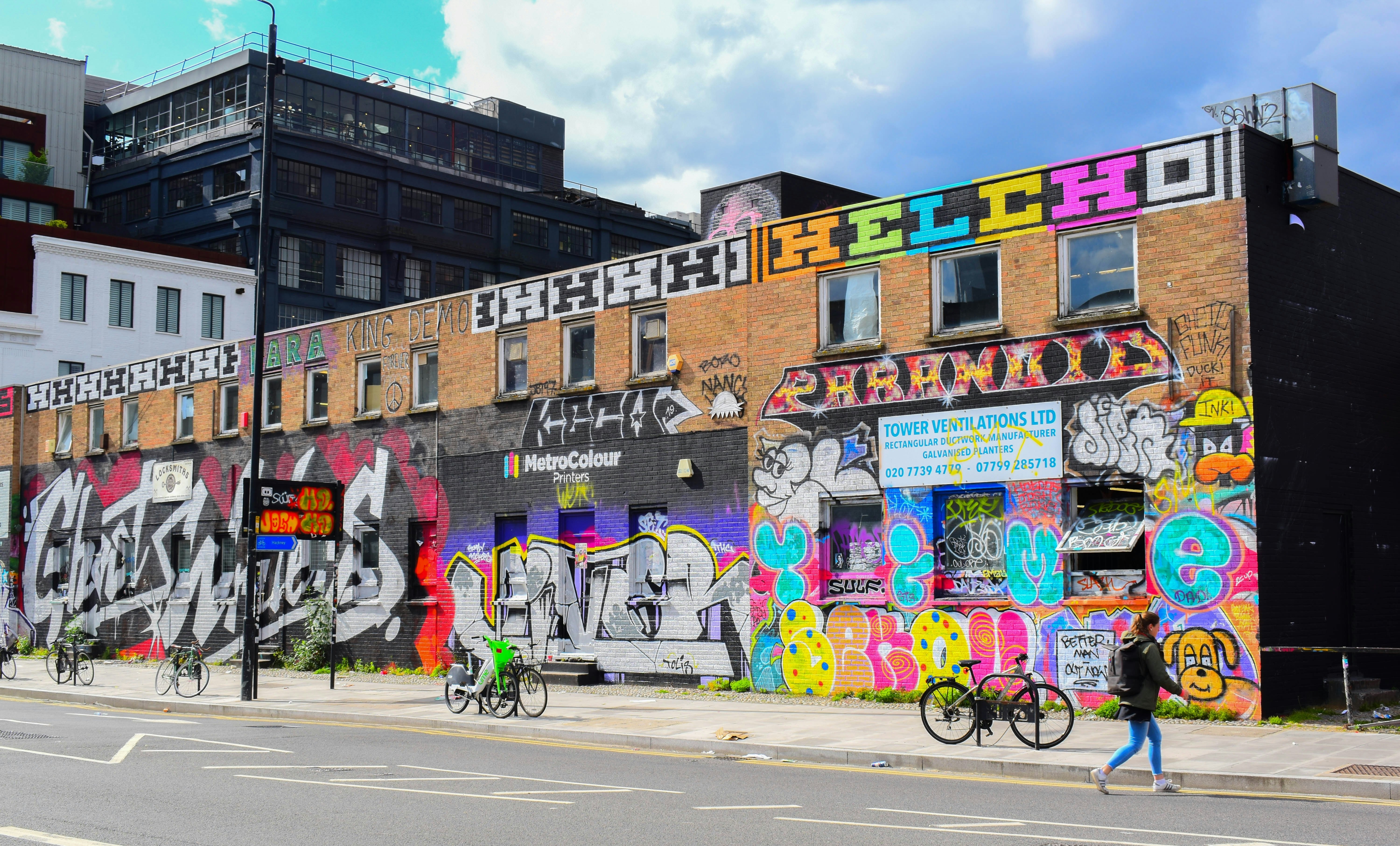 Painted walls and graffiti art are scattered in the Brick Lane area in East London in the heart of Banglatown.