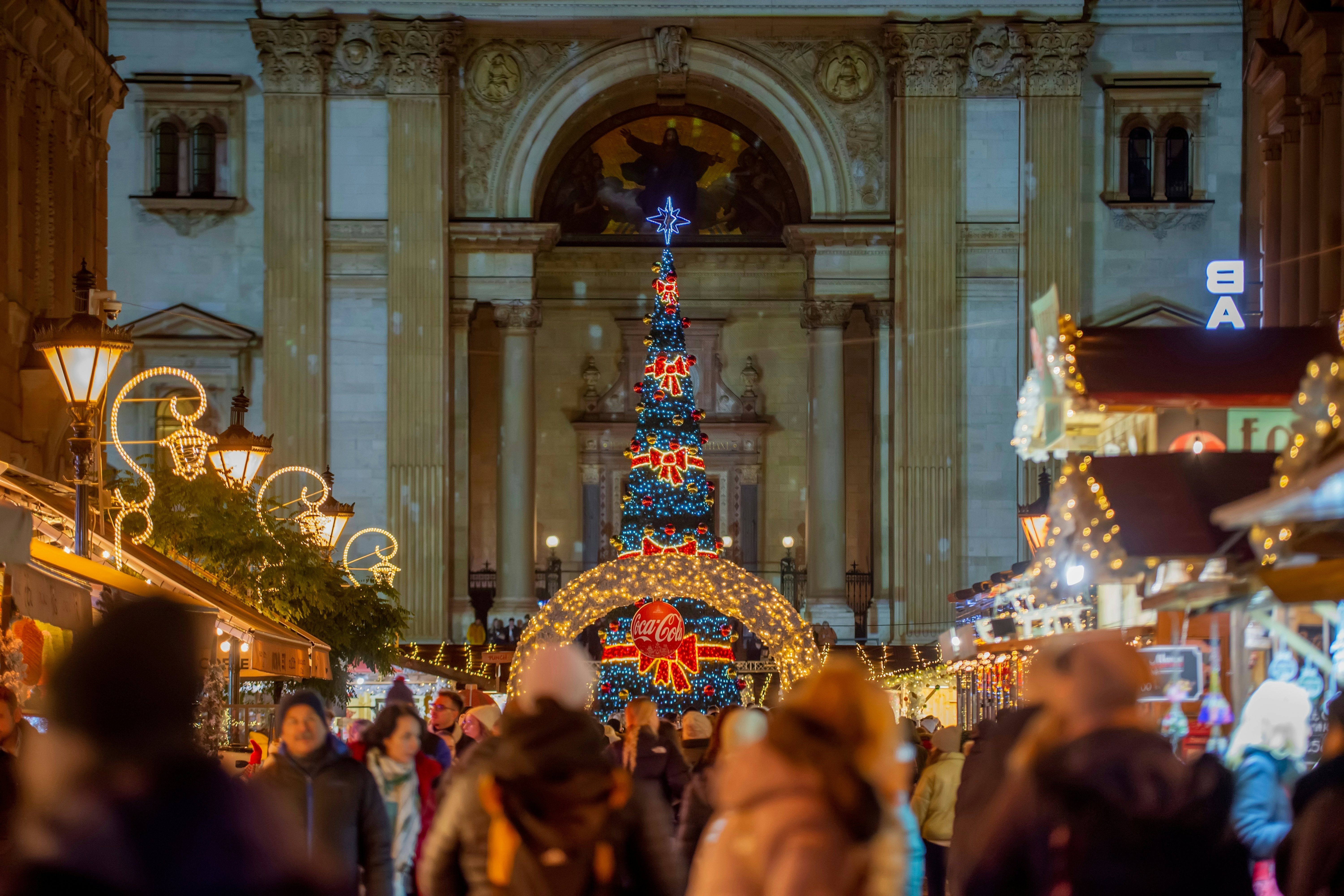 Christmas tree and market at Saint Stephen Basilica square in Budapest