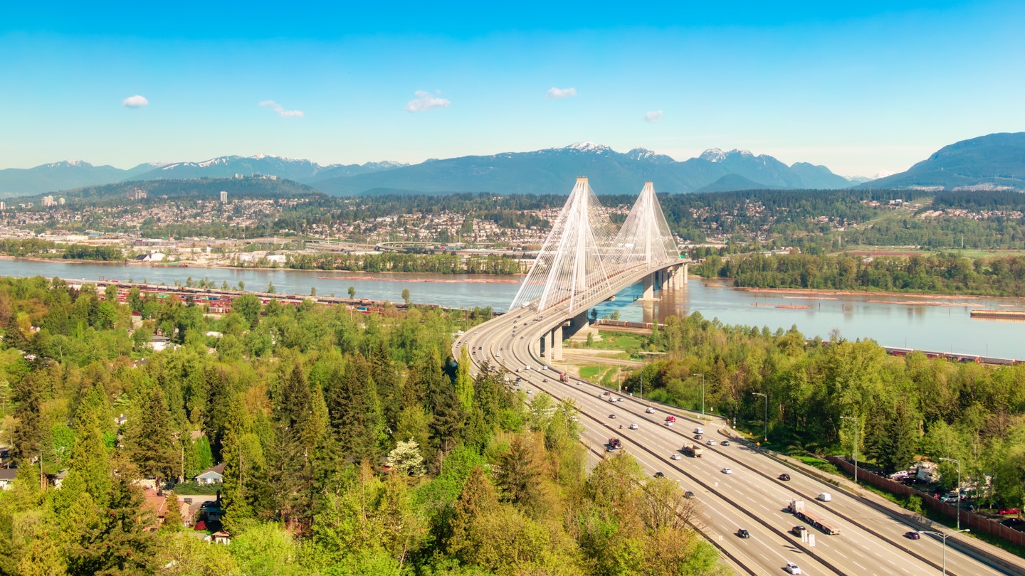 Trans-Canada Highway and Port Mann Bridge over Fraser River. Surrey, Vancouver, BC, Canada., License Type: media, Download Time: 2025-07-10T15:07:28.000Z, User: clairenaylor, Editorial: false, purchase_order: 65050 - Digital Destinations and Articles, job: Online editorial, client: Getting around British Columbia, other: Claire Naylor