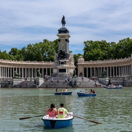 Monument to Alonso XII, Buen Retiro park, Madrid, Spain, next to the lake where families sail in small rental boats.