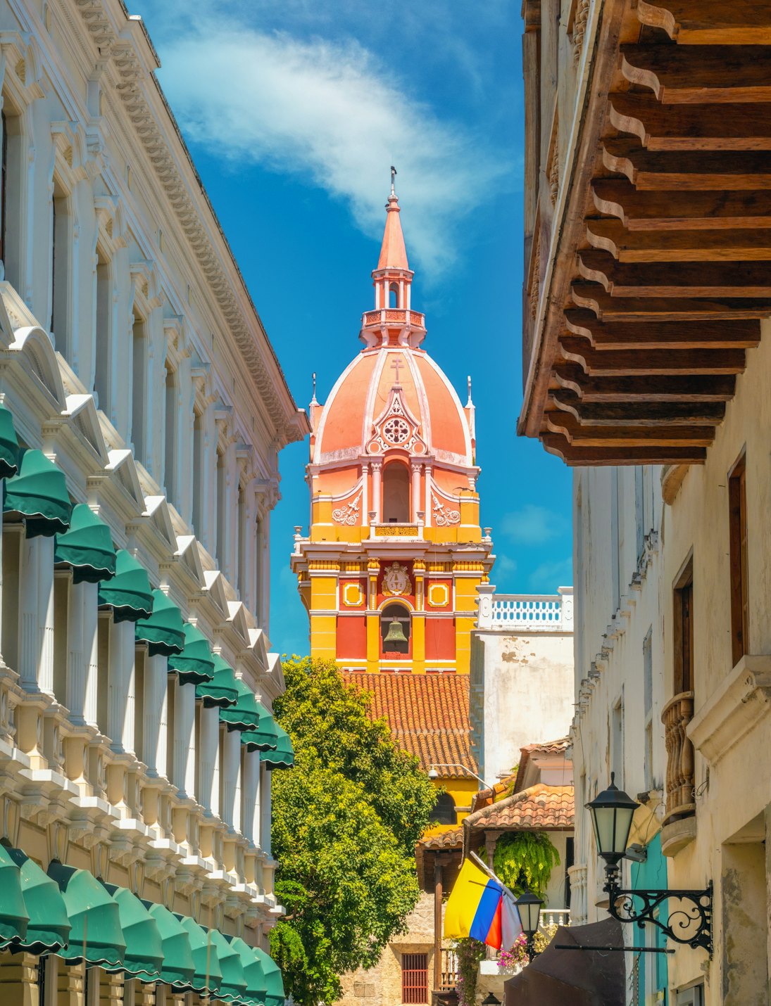 Closeup of the bell tower of the Cathedral of St. Catherine of Alexandria (Catedral de Santa Catalina de Alejandría) in the The UNESCO-listed Old Town of Cartagena, Colombia, License Type: media, Download Time: 2025-05-22T14:24:42.000Z, User: lonelyplanetmedia, Editorial: false, purchase_order: 65050 - Digital Destinations and Articles, job: Global Publishing WIP, client: Global Publishing WIP, other: Pia Peterson Haggarty // SS Comp Ingestion