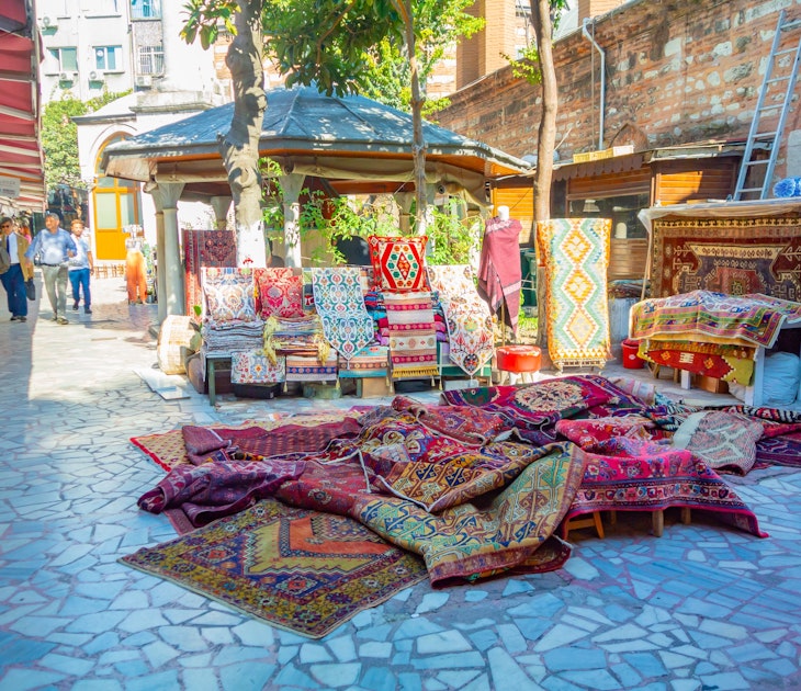 Istanbul, Turkey - 12 Oct 2023, Colorful traditional Turkish carpets displayed outside a shop in the Grand Bazaar area of Istanbul, , License Type: media, Download Time: 2025-07-30T12:44:37.000Z, User: clairenaylor, Editorial: true, purchase_order: 65050 - Digital Destinations and Articles, job: Online editorial, client: Istanbul shops, other: Claire Naylor