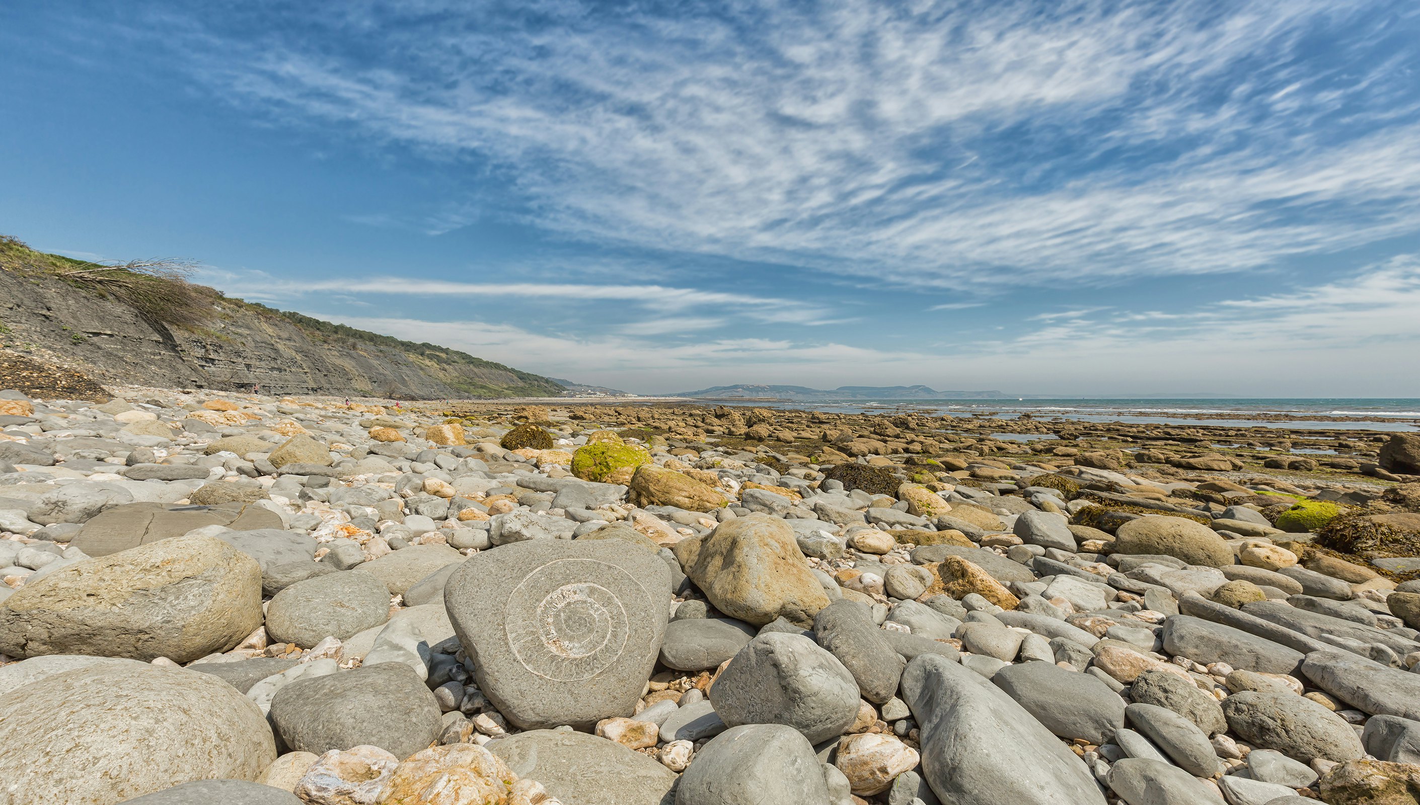 An ammonite fossil on the beach close to Lyme Regis on Dorset's Jurassic Coast, England.