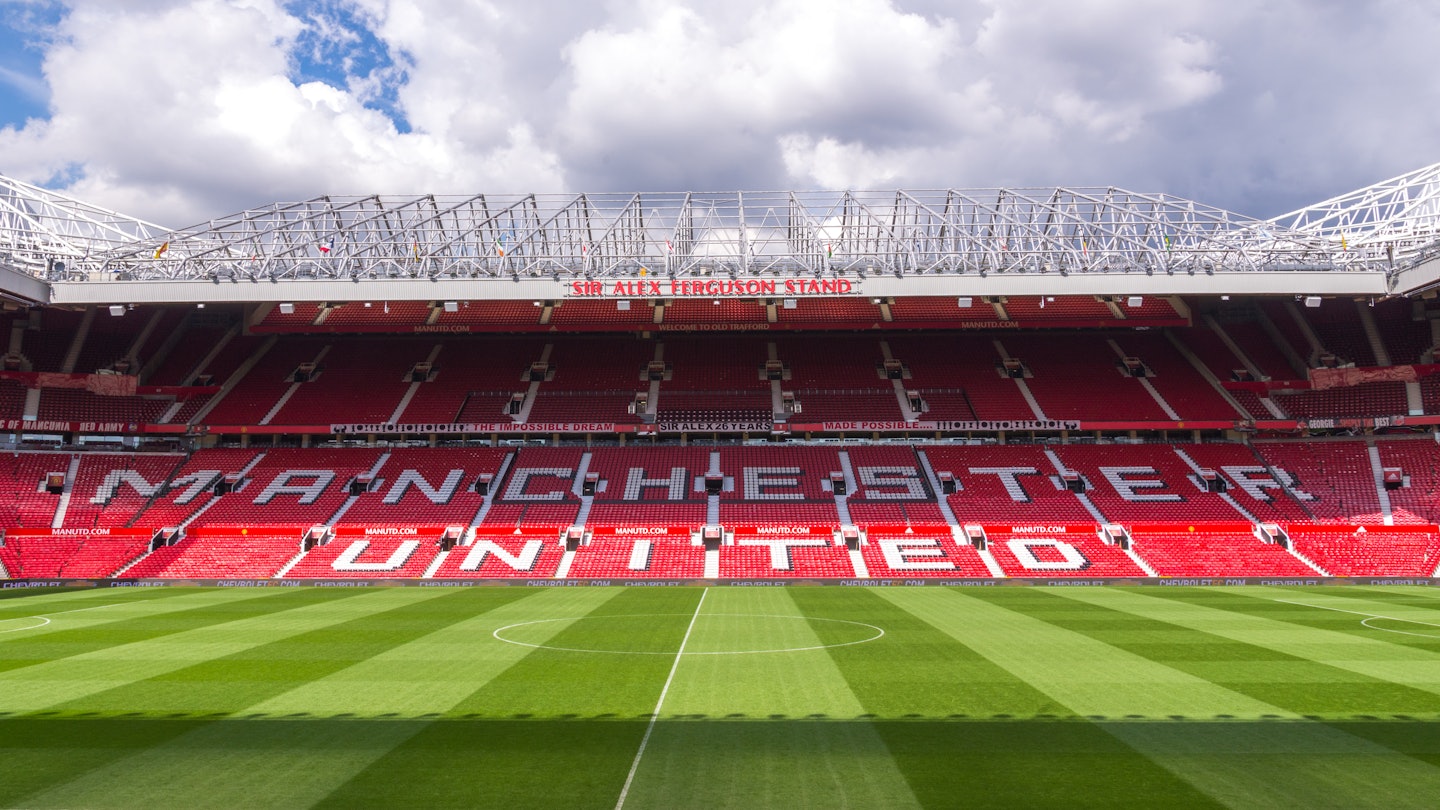 MANCHESTER, ENGLAND - APRIL 13 : The Old Trafford stadium on APRIL 13,2016 in Manchester, England. Old Trafford is home of Manchester United football club, License Type: media, Download Time: 2025-07-09T08:56:28.000Z, User: joebindloss38, Editorial: true, purchase_order: 65050 - Digital Destinations and Articles, job: Online Editorial, client: Lonely Planet guide to football in England, other: Joe Bindloss