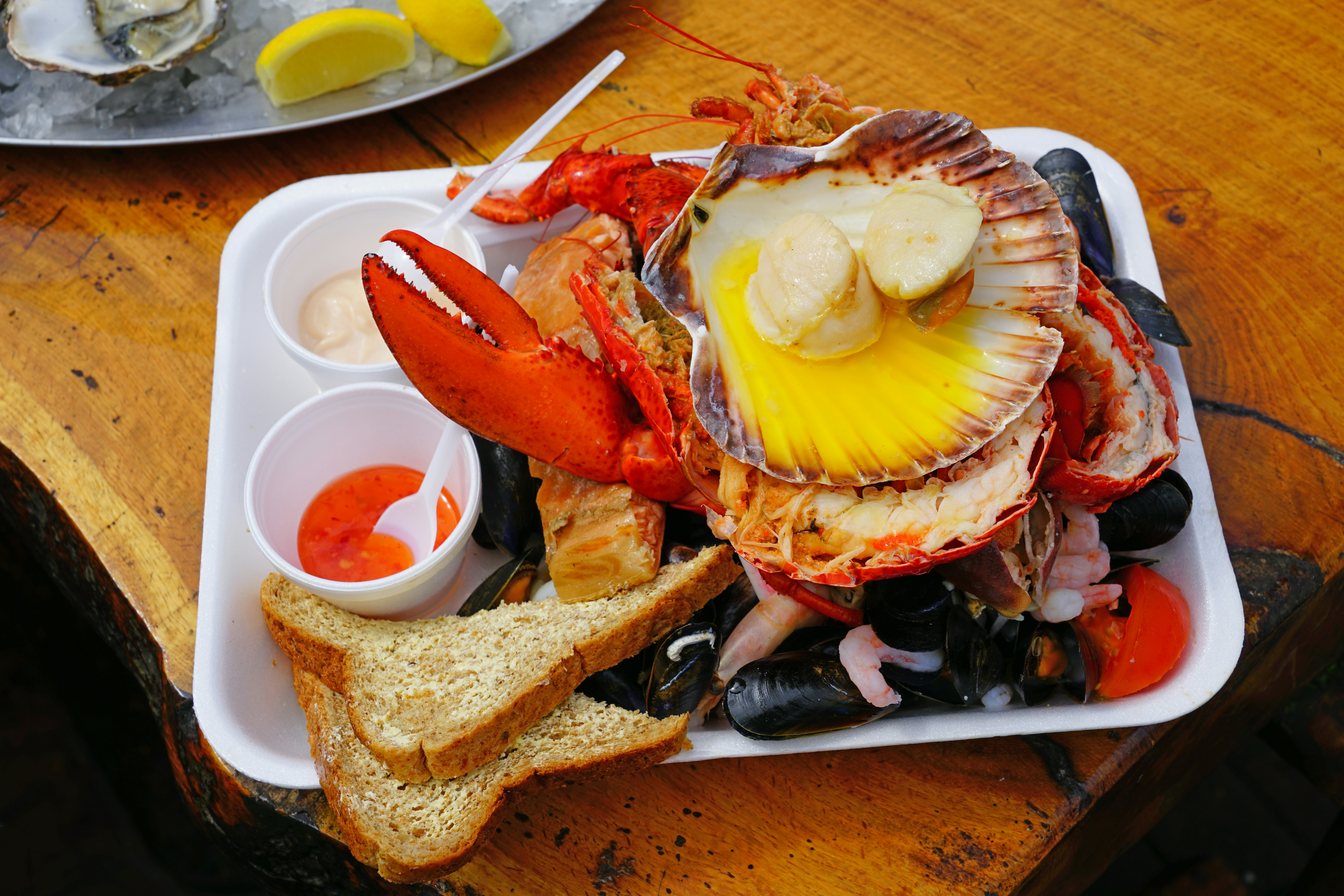 Mixed seafood platter with lobster in Oban, Scotland.