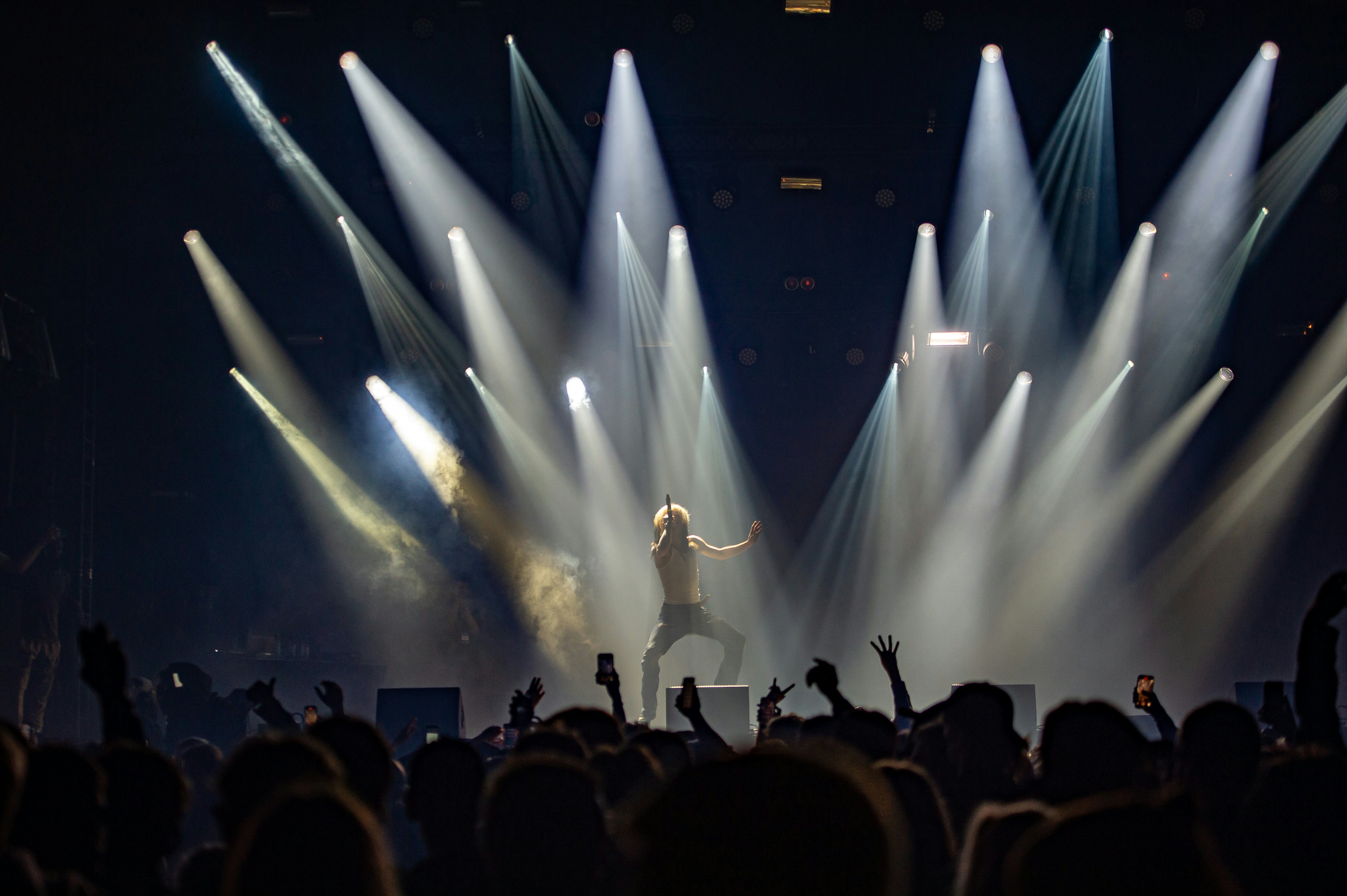 A rock musician performs on stage, dramatically lit by numerous spotlights. A crowd waving their hands in the air is seen silhouetted in front of the stage.