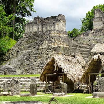 Mayan temple complex, Tikal, with restored straw roofs.
614459648