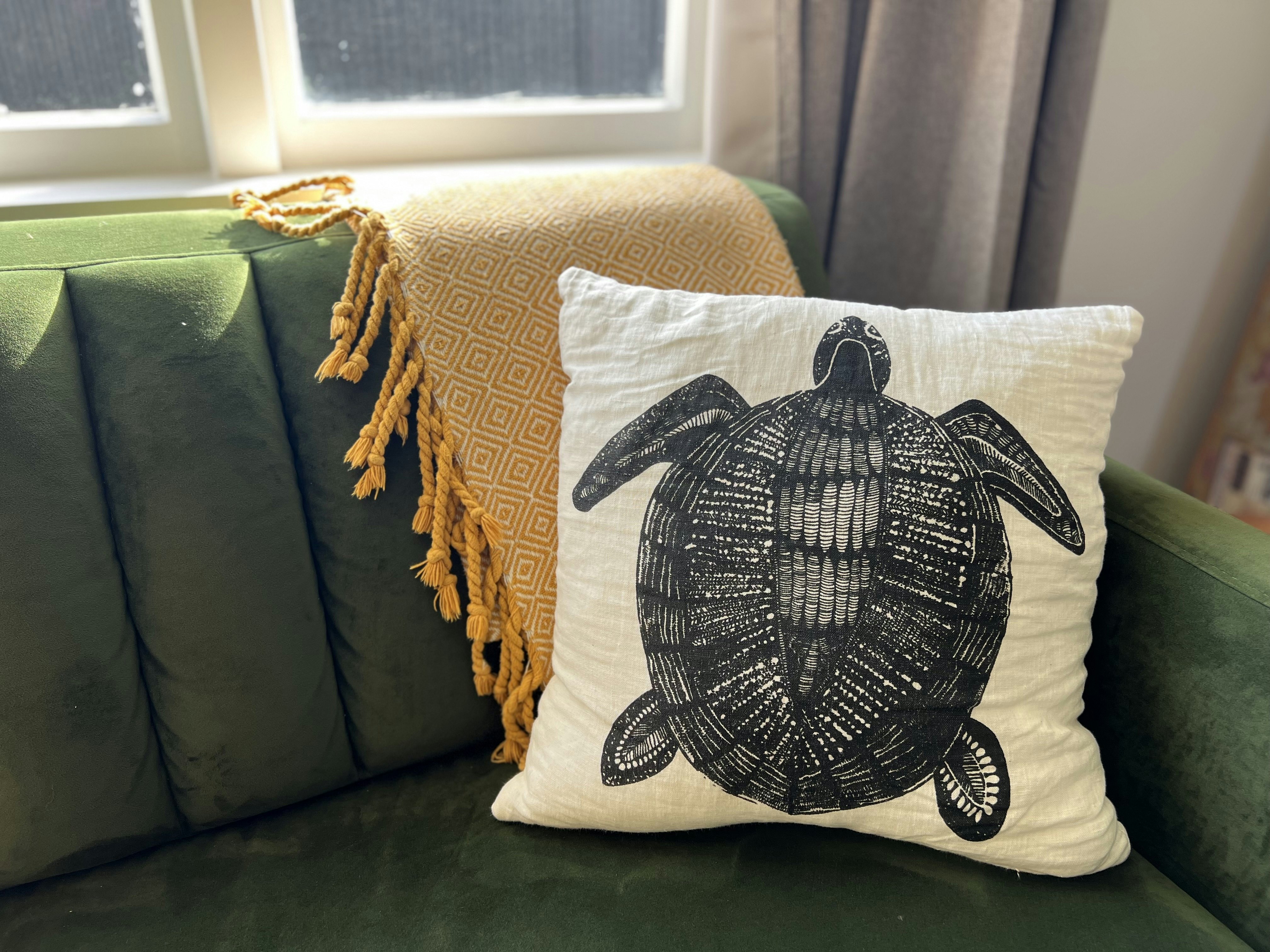 Jessica Lockhart's hand-printed pillowcase from Delvene Cockatoo-Collins, a Quandamooka artist on North Stradbroke Island, Australia