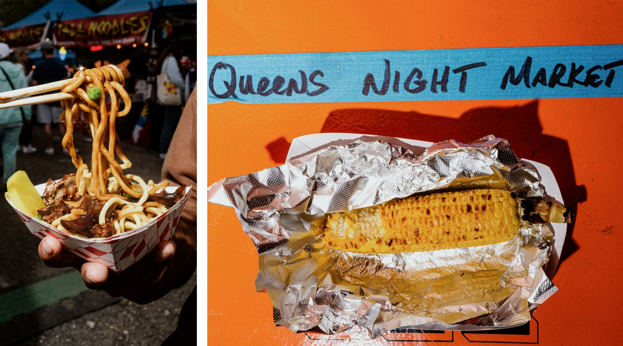Left image: A hand holding a box of cooked noodles with some in chopstick. Right image: Roasted corn on the cob in foil.
