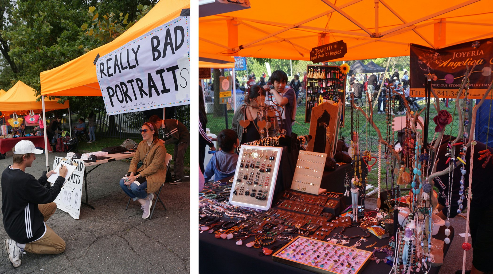 Left image: A woman sits for a portrait as a man draws on a clipboard; Right image: An outdoor vendor stand with jewelry.