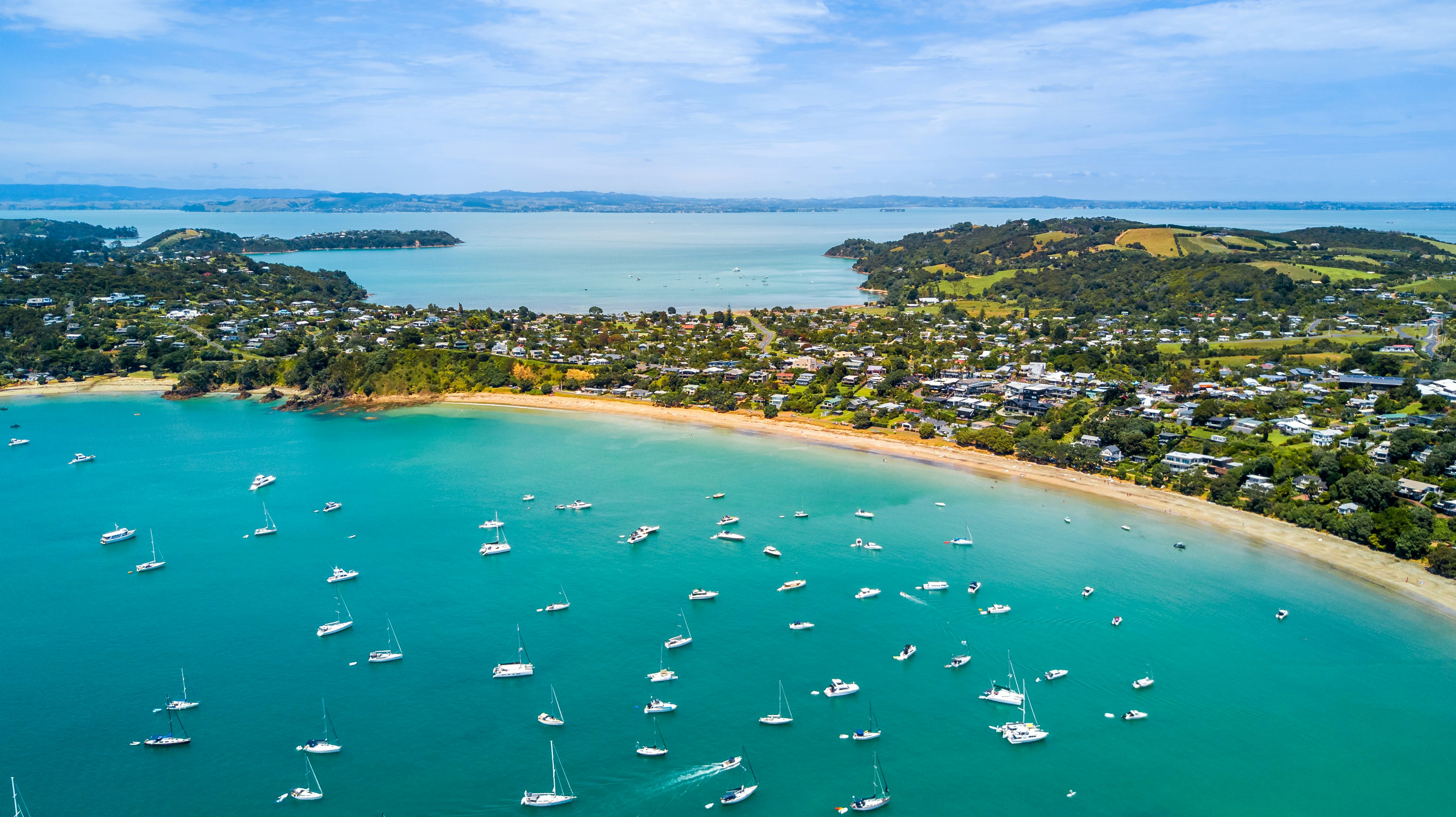 Aerial view on beautiful bay at sunny day with sandy beach and residential suburbs on the background. Waiheke Island, Auckland, New Zealand