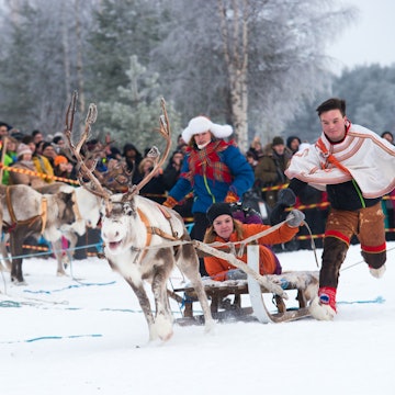 JOKKMOKK / SWEDEN - February 04 2017: Tradinional Reindeer race at annual Sami Market License Type: media Download Time: 2023-08-03T13:08:00.000Z User: lonelyplanetmedia Is Editorial: Yes purchase_order: