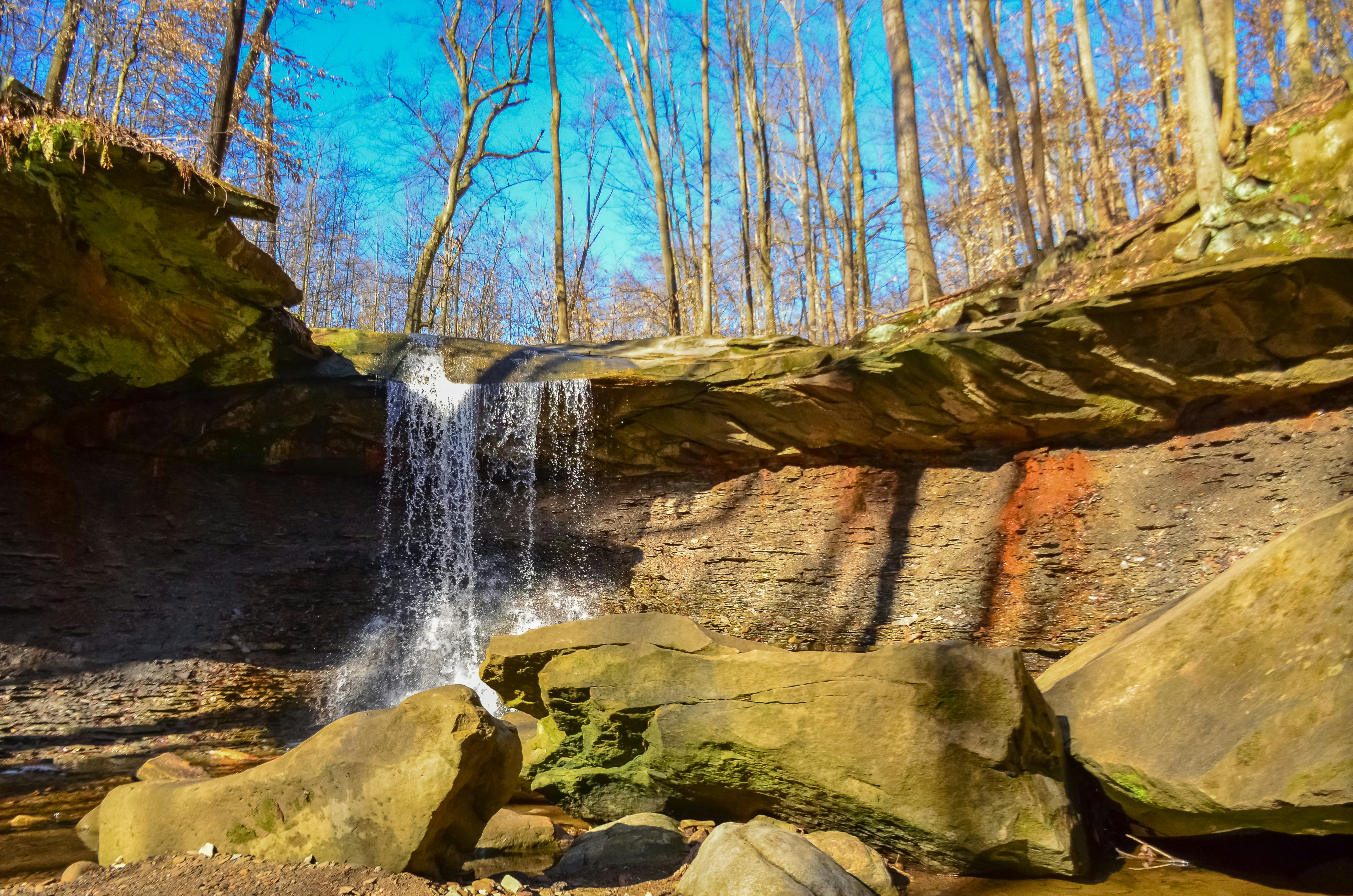 A small waterfall in the autumn in the forest in the parkon Brandywine Creek in Cuyahoga Valley National Park