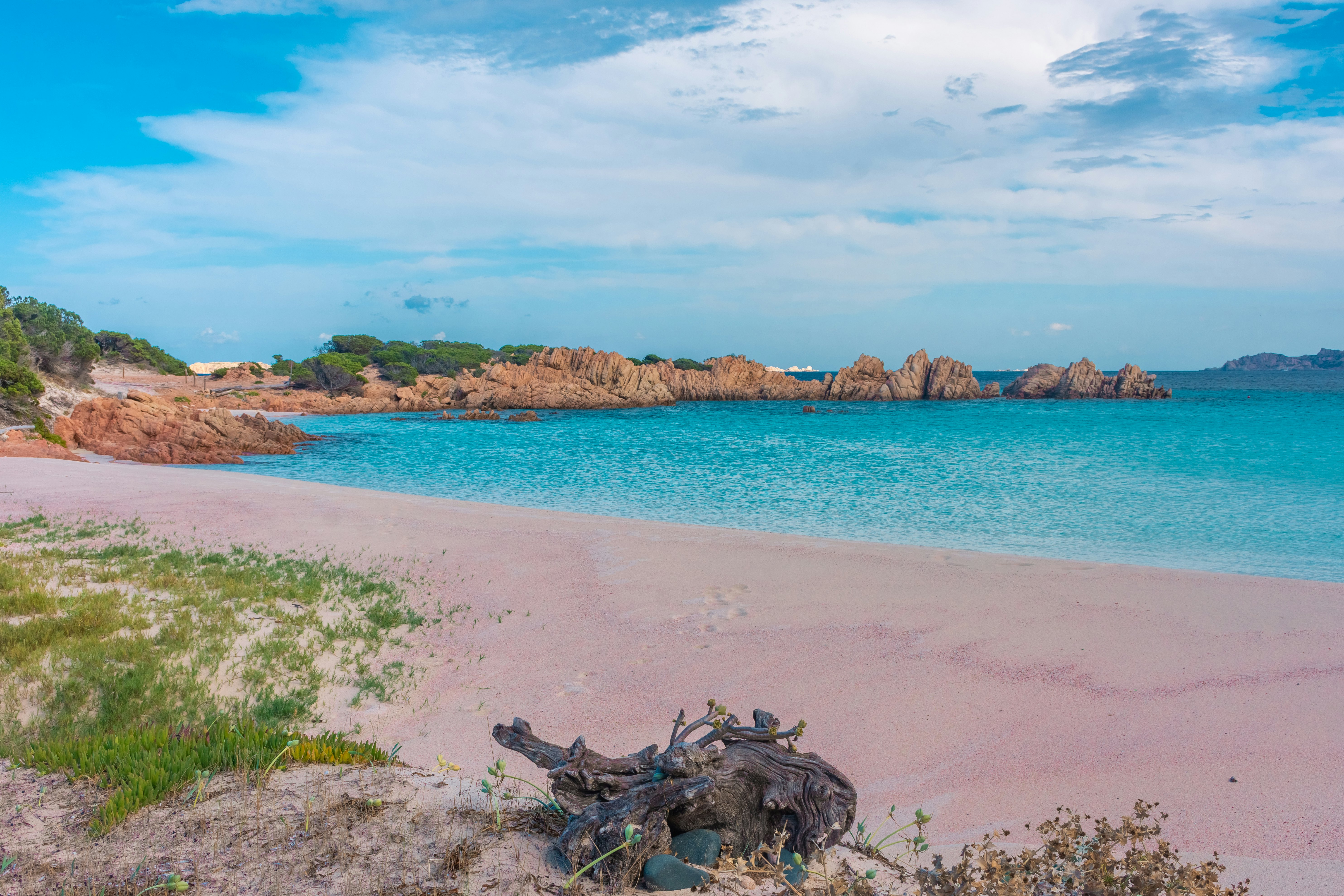 The pink sand beach at Budelli, near the bright blue water with a soft blue sky above