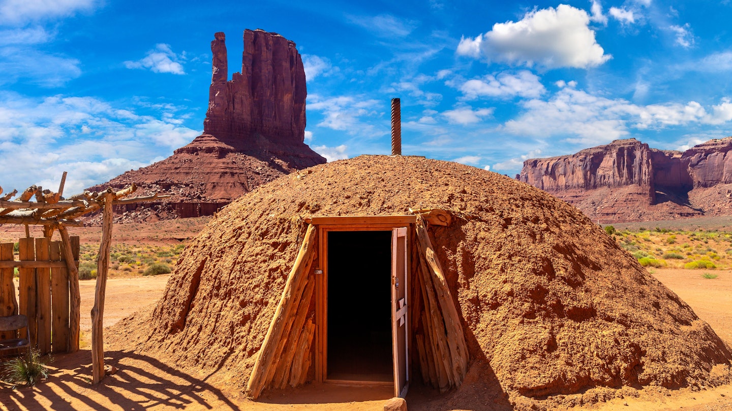 Native american hogans in Navajo nation reservation at Monument Valley, Arizona, USA License Type: media Download Time: 2023-09-01T03:35:18.000Z User: aomi.ito_lonelyplanet Is Editorial: No purchase_order: