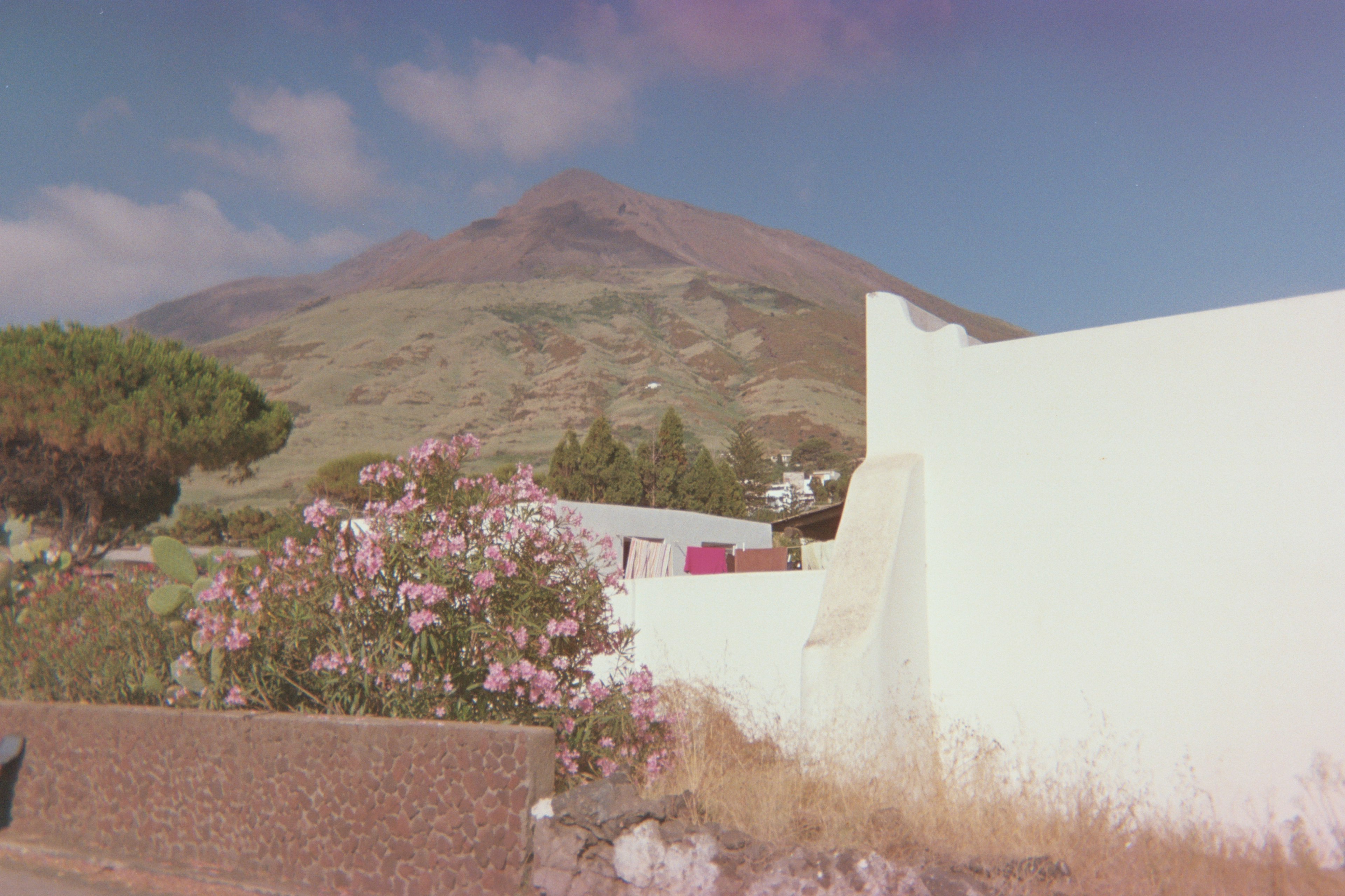 A mountain in the background with walls, flowers, trees and drying laundry in the foreground