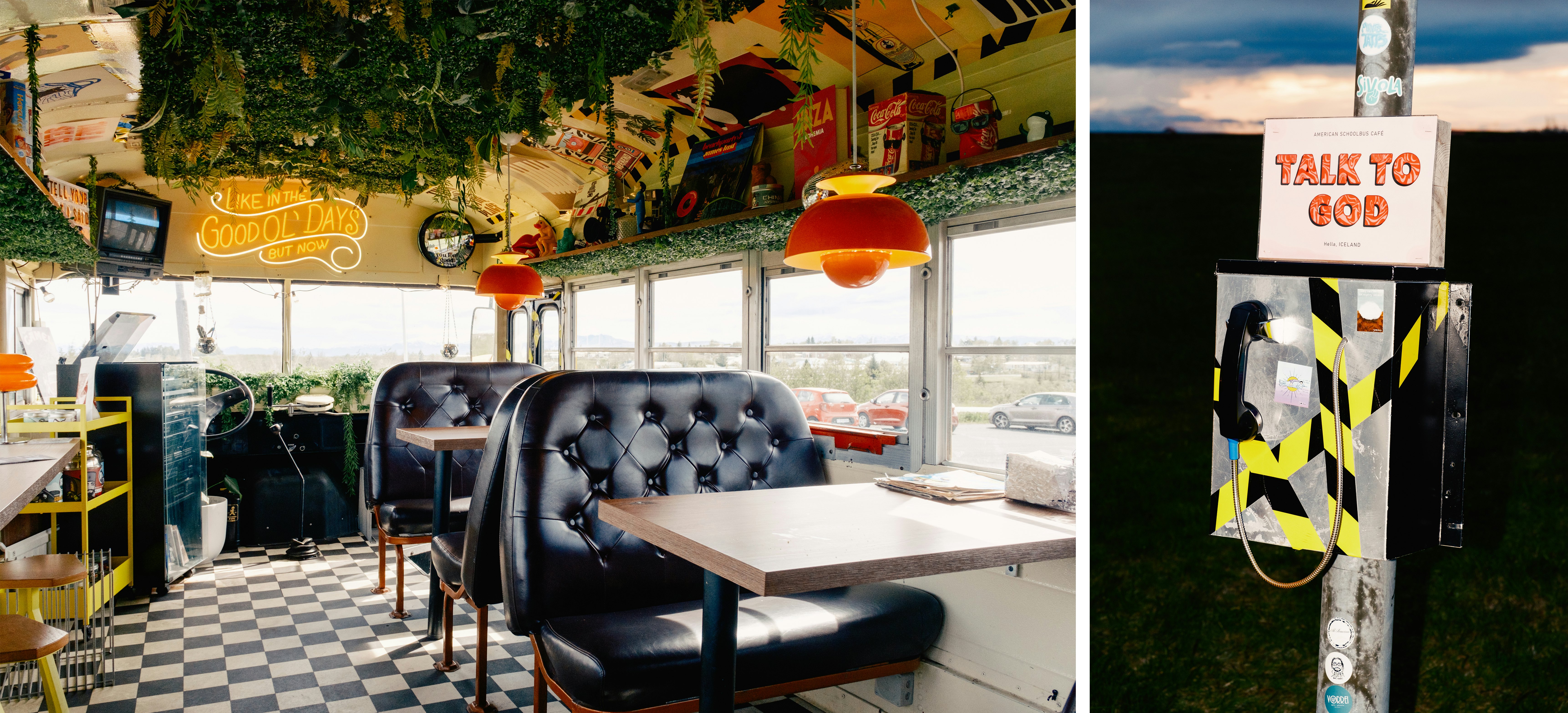 Left, the interior of a restaurant with black seats, orange lights and a checkered floor. Right, a payphone that says "talk to God" on a sign above it