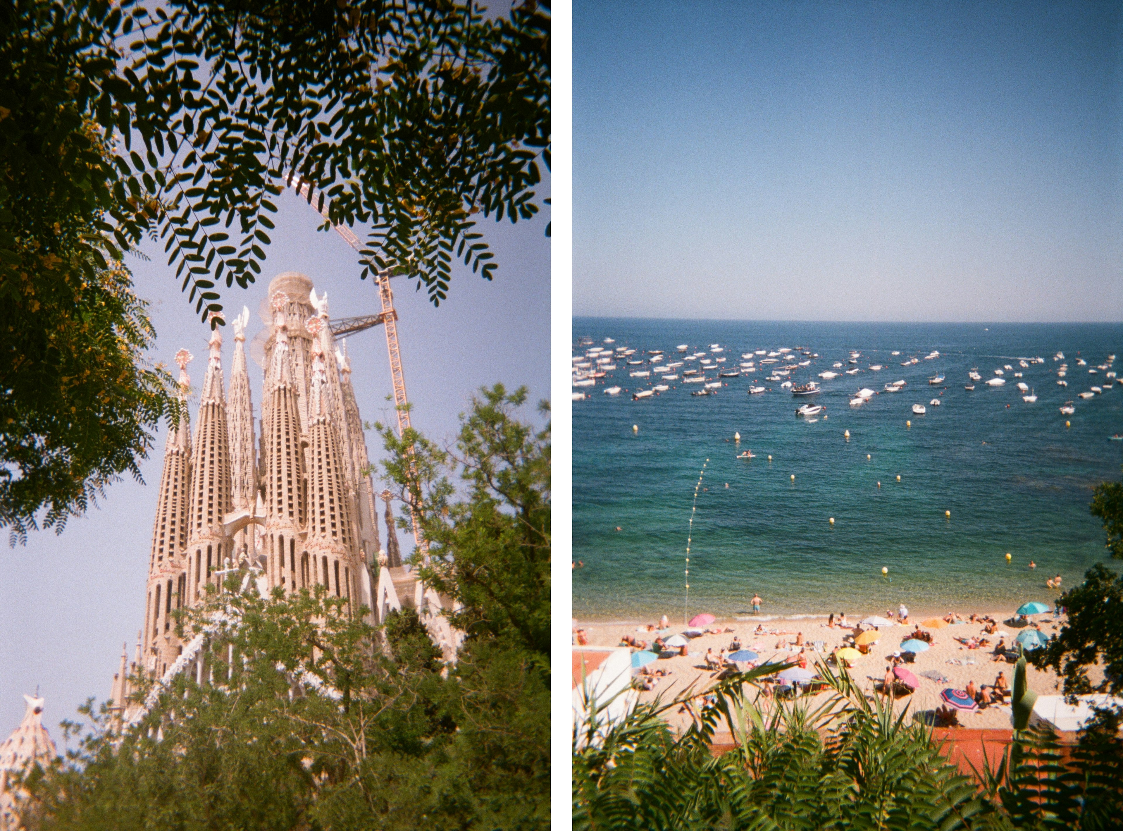 Left, the Sagrada Familia in Barcelona. Right, a view of a beach with people swimming in the ocean and boats