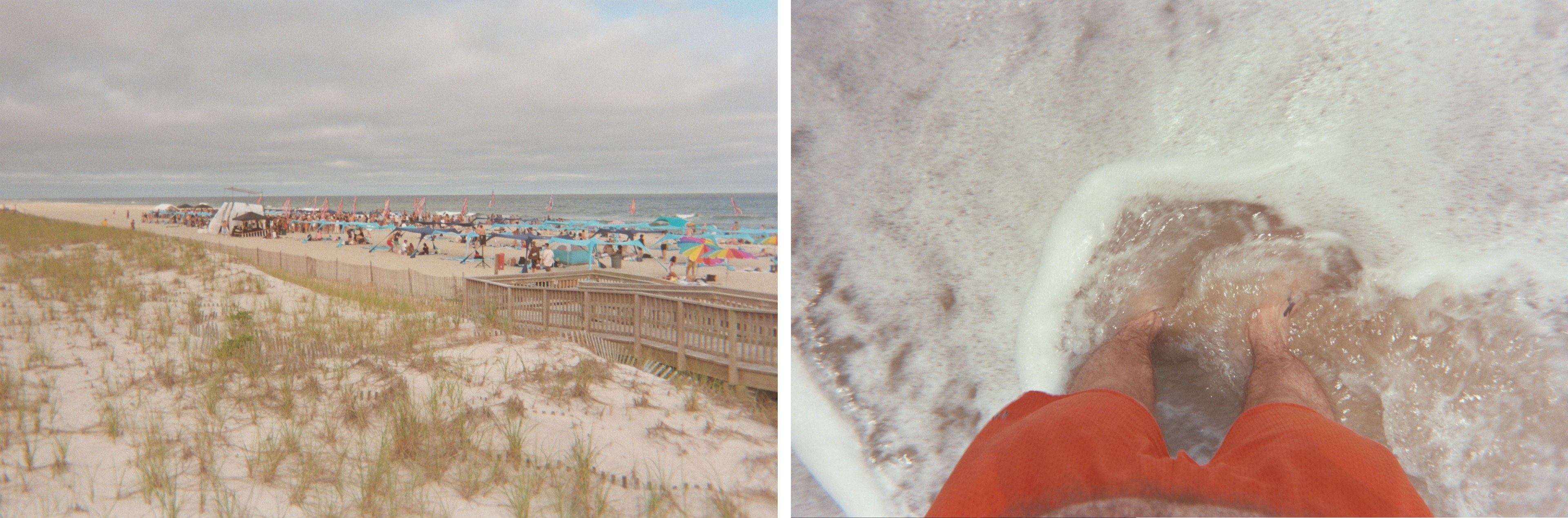 Left, a view of a beach and dunes with people and tents on the beach. Right, a man takes a photo of his feet in the ocean surf, he is wearing orange swim trunks