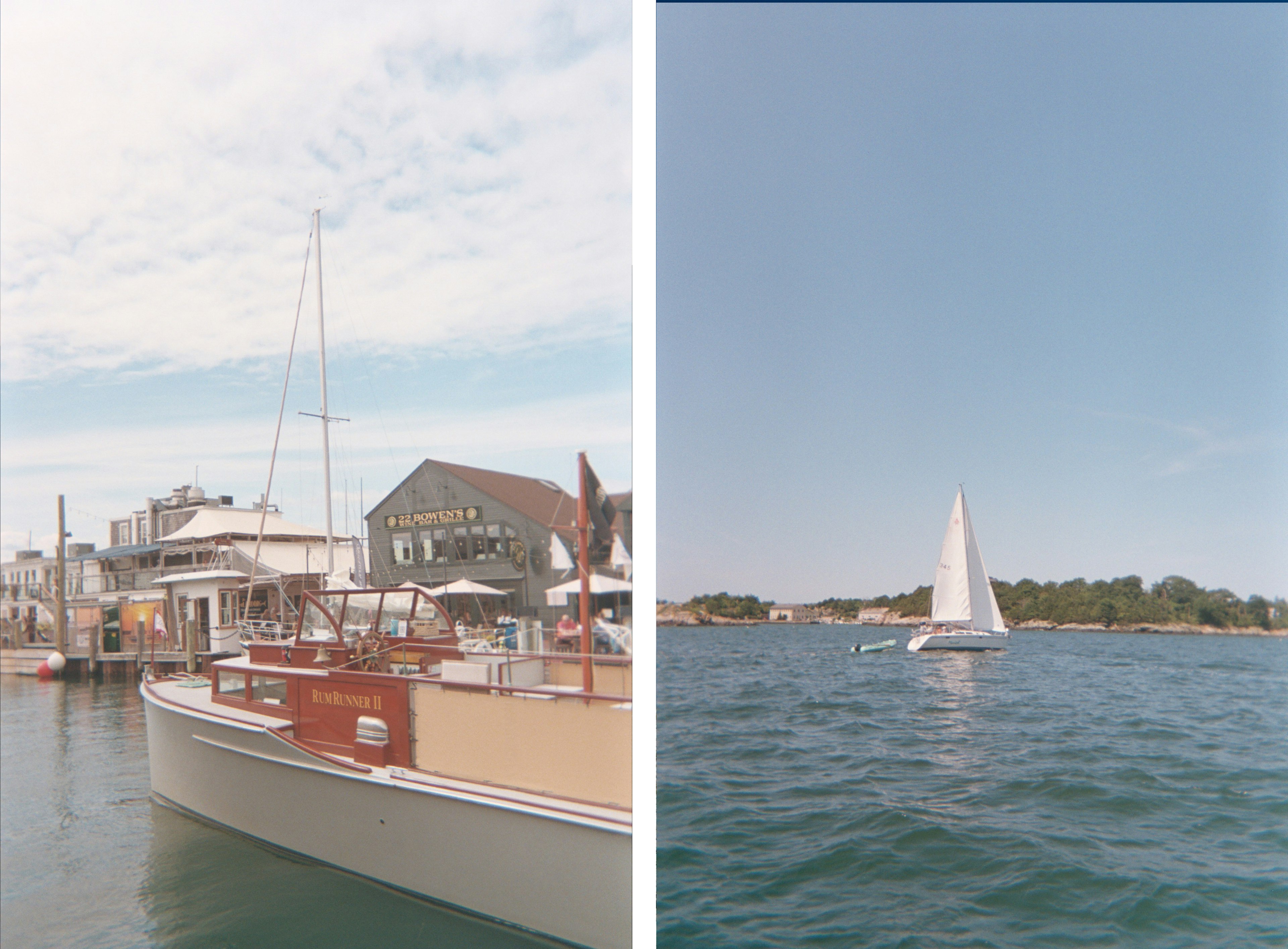 Left, Boats sitting in the dock at Newport RI. Right, Sailing in Newport, RI