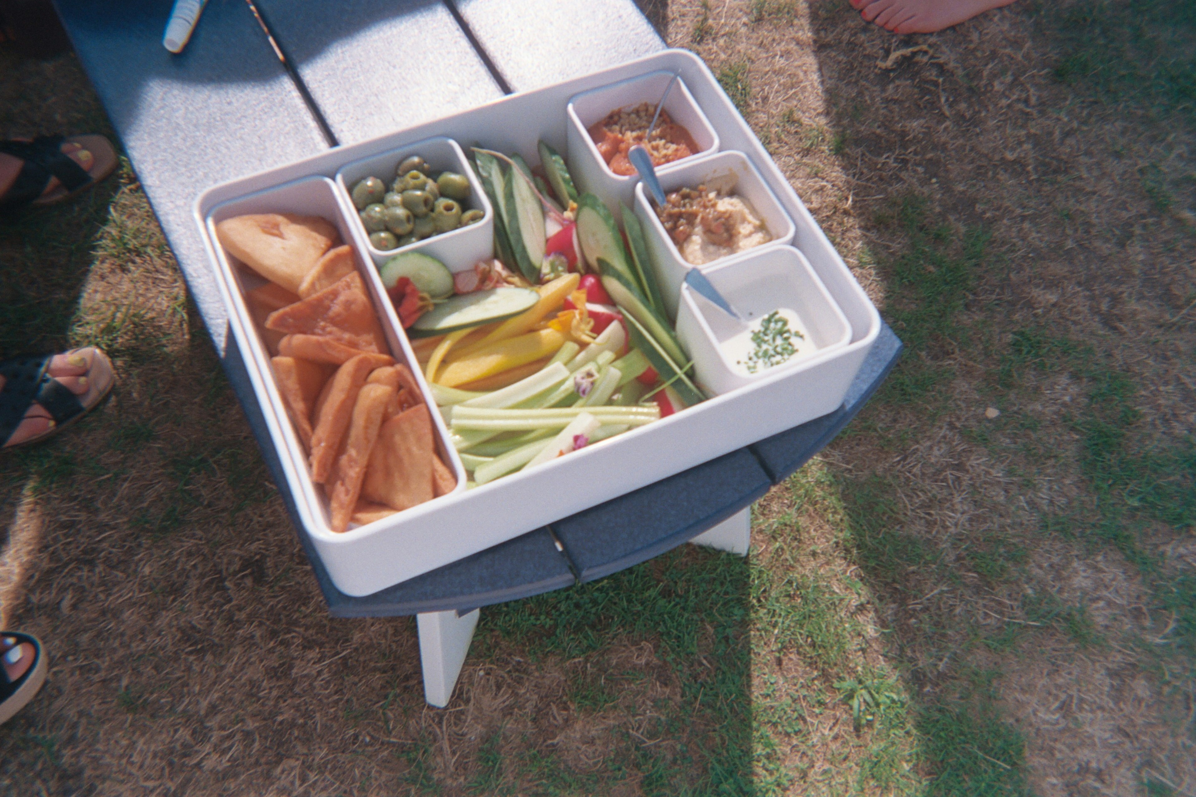 Trays full of colorful snacks sitting on a bench on the grass