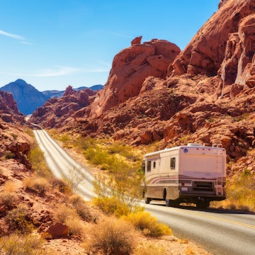 Valley of Fire, Nevada, USA - December 29, 2017 : Motorhome trailer traveling on the road in Valley of Fire in Nevada, License Type: media, Download Time: 2025-03-20T08:44:35.000Z, User: pinkjozie64, Editorial: true, purchase_order: 56530 - Guidebooks, job: Global Publishing WIP, client: South West USA 10, other: Jo-anne Riddell