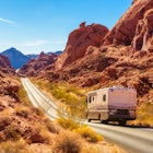 Valley of Fire, Nevada, USA - December 29, 2017 : Motorhome trailer traveling on the road in Valley of Fire in Nevada, License Type: media, Download Time: 2025-03-20T08:44:35.000Z, User: pinkjozie64, Editorial: true, purchase_order: 56530 - Guidebooks, job:  Global Publishing WIP, client: South West USA 10, other: Jo-anne Riddell