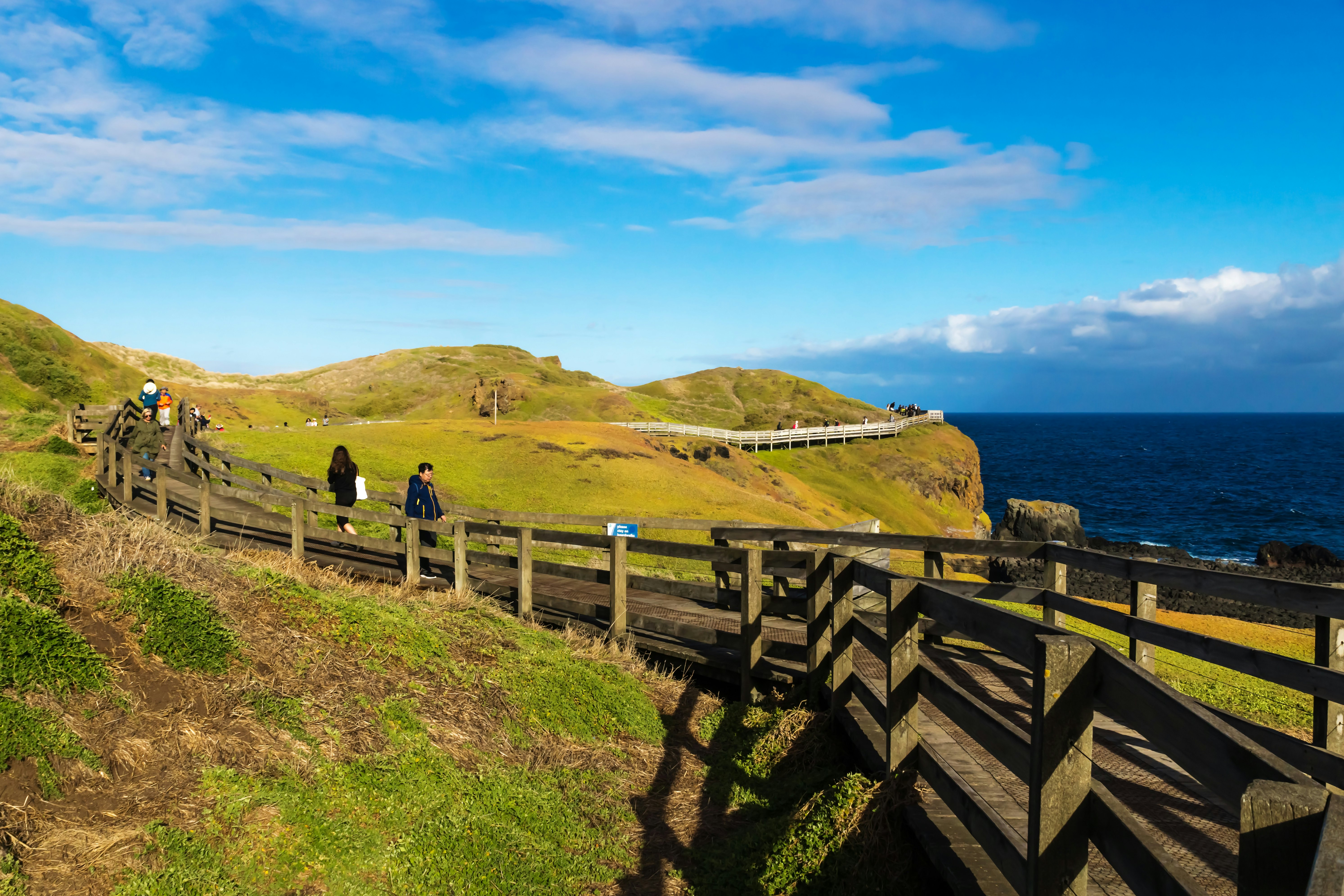 Nobbies, Phillip Island, Victoria, Australia - February 11 2018: Wooden pathway with walking tourists through green orange hills along the coast, License Type: media, Download Time: 2025-02-12T17:58:32.000Z, User: Ppeterson948, Editorial: true, purchase_order: 56530 - Guidebooks, job: Global Publishing WIP, client: Global Publishing WIP, other: Pia Peterson Haggarty