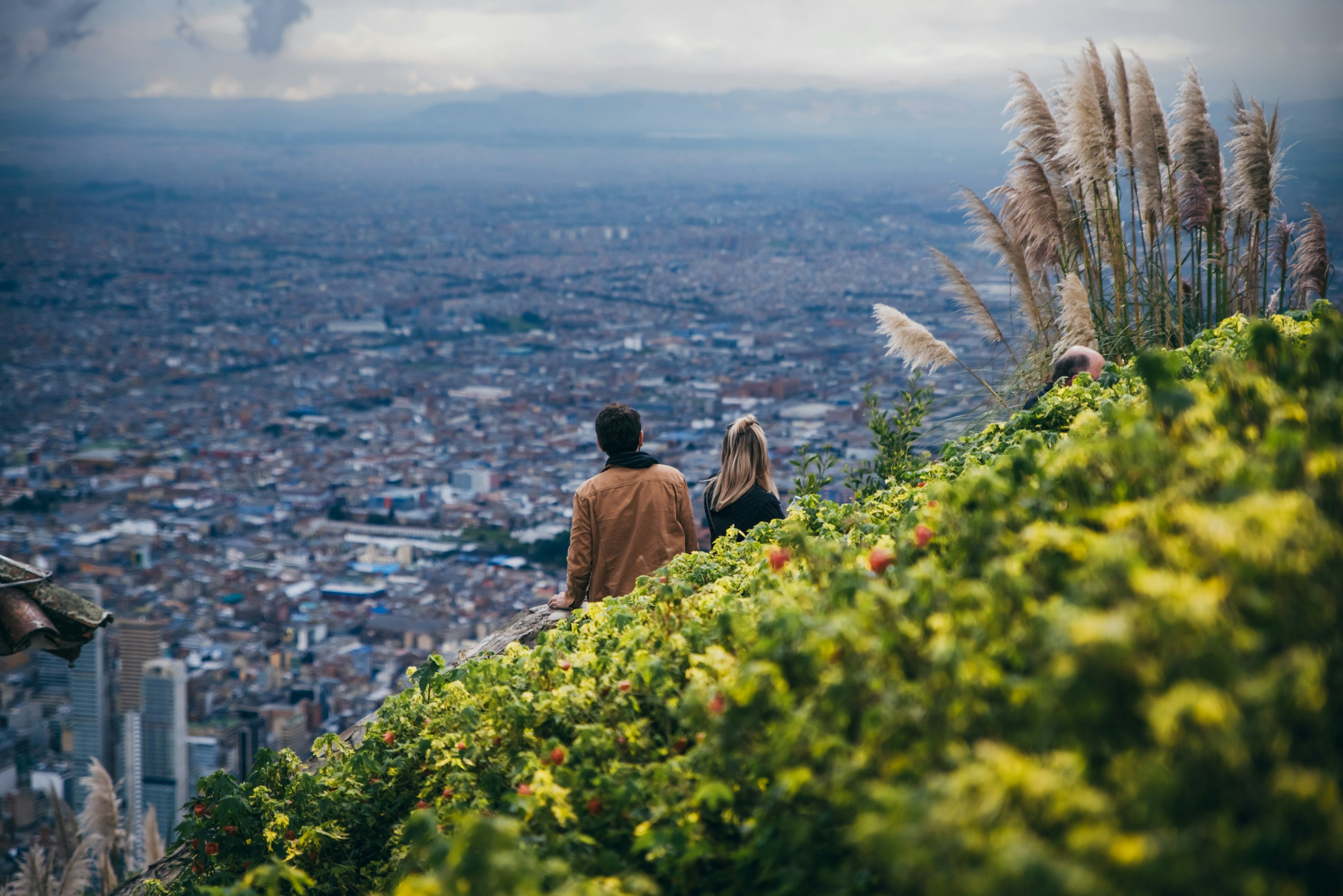 Two people are seen from behind on a slope covered with vegetation on a hilltop overlooking a sprawling city.