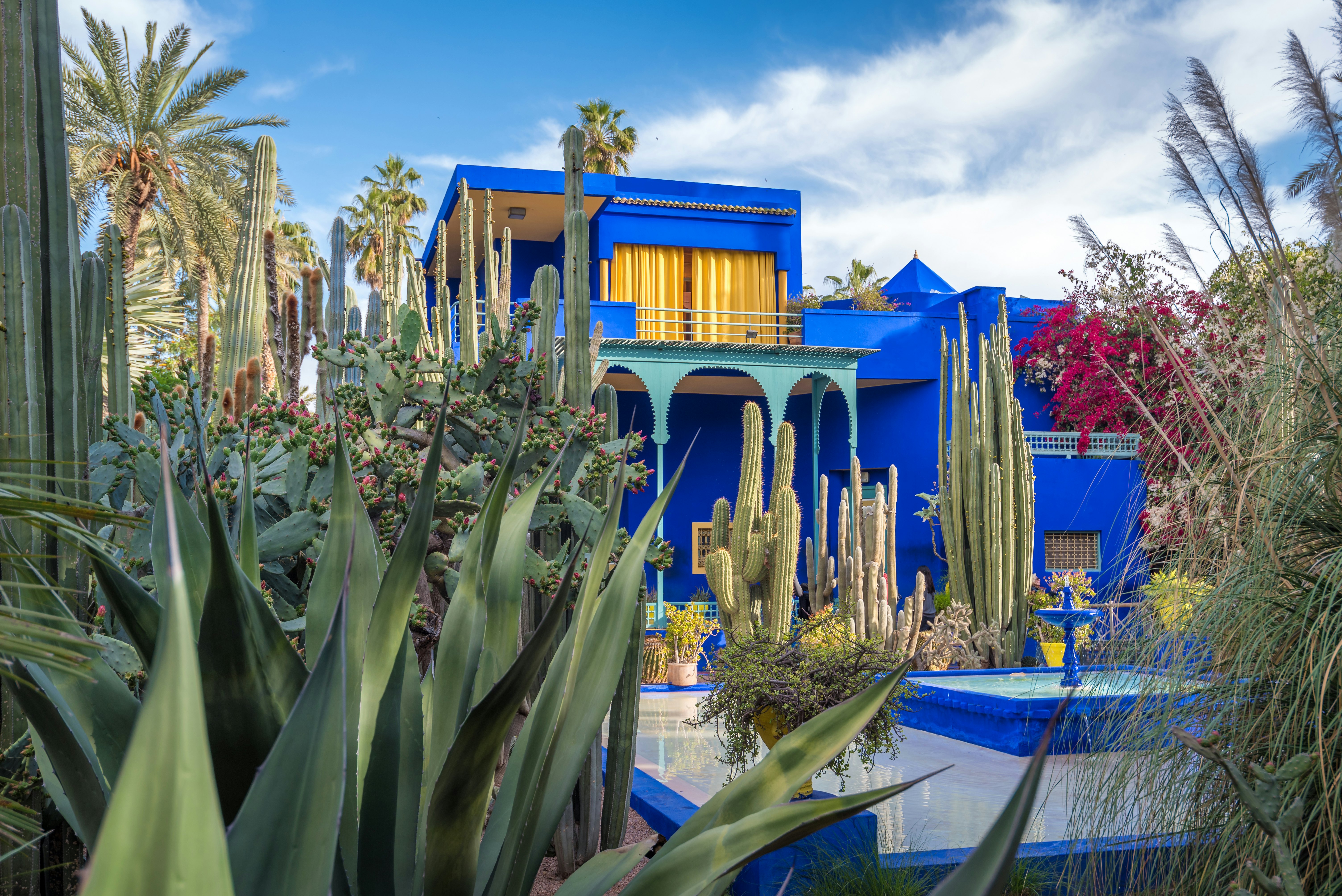 A blue art deco-style building in a lush garden.
