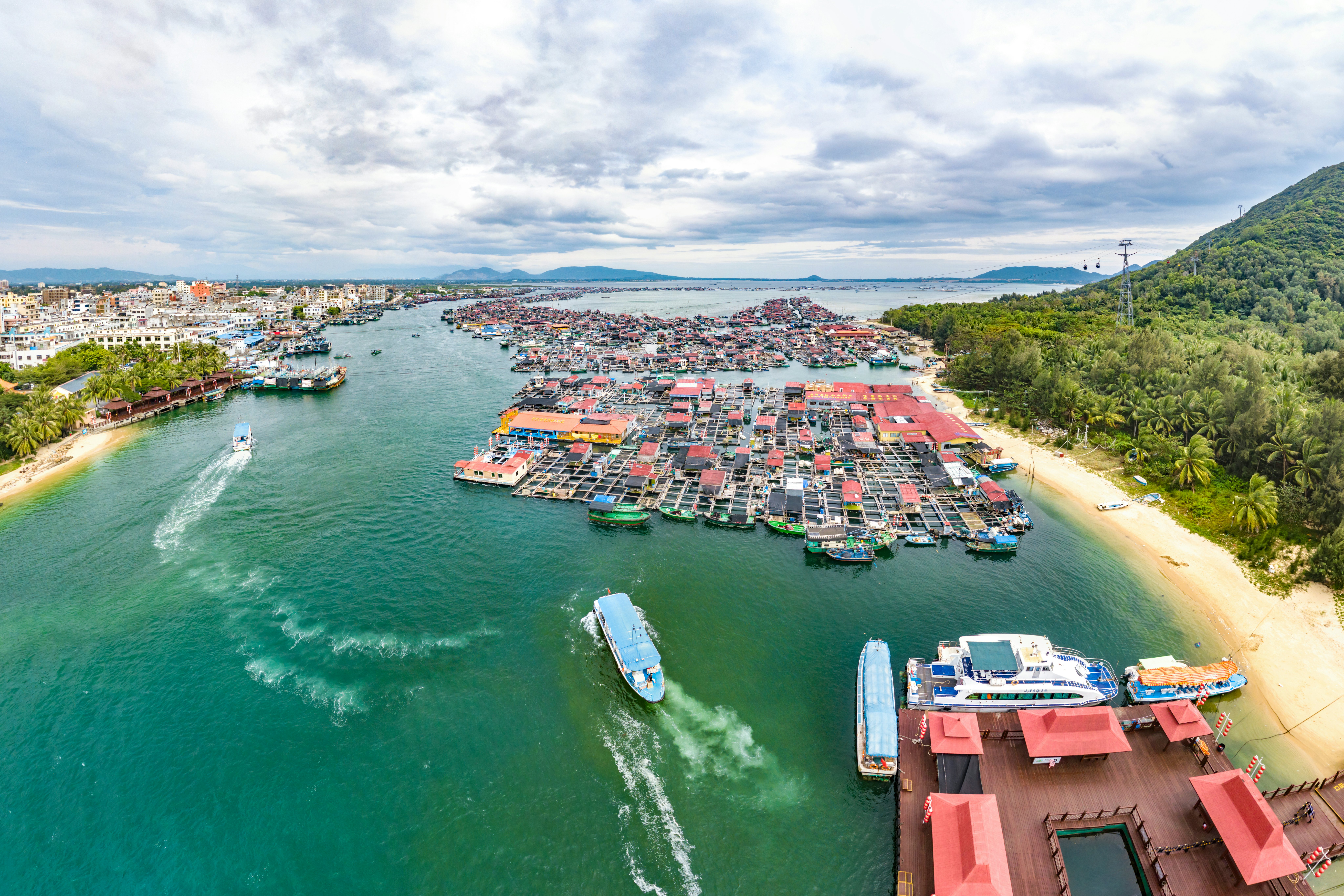 An aerial view over the floating village at Xincun Port, Hainan, China.