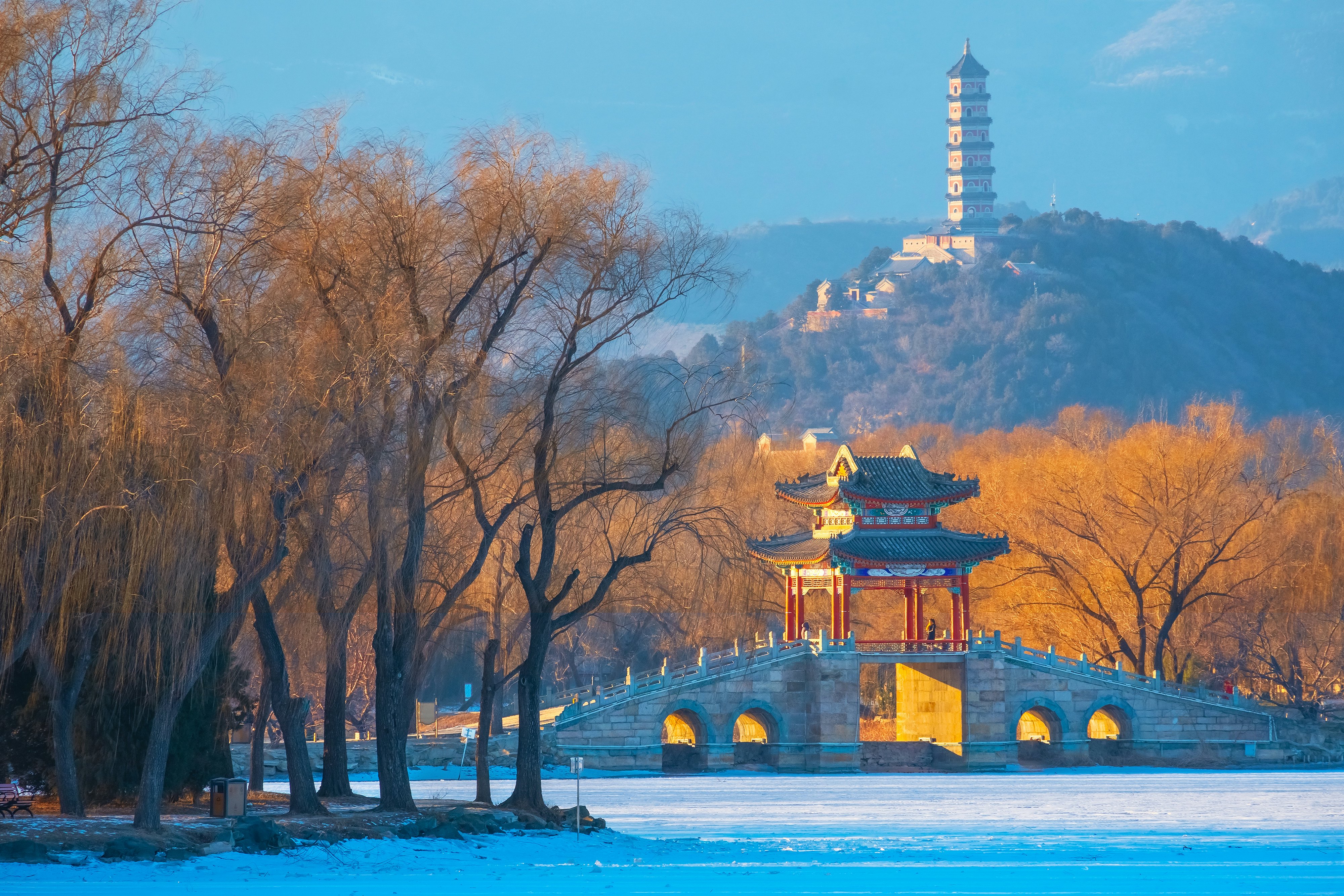 View of Jade Spring Hill by the Summer Palace in winter. Beijing, China.