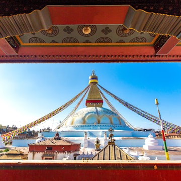 Kathmandu, Nepal - October 26, 2023 : Famous ancient The Boudhanath (also Bodhnath) Stupa, the largest Buddhist stupa in Kathmandu, Nepal. UNESCO World Heritage site. , License Type: media, Download Time: 2025-02-27T15:59:39.000Z, User: rhylton_redventures, Editorial: true, purchase_order: 56530 - Guidebooks, job: Lonely Planet WIP, client: Lonely Planet WIP, other: Rhianydd Hylton