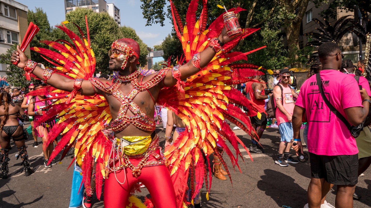 Notting Hill Carnival in London Monday 26th August 2024, fancy dress costumes parade through the streets of Notting Hill with Mas and steel bands, followed by sound systems , License Type: media, Download Time: 2025-01-06T09:54:08.000Z, User: Norma.PrauseBrewer_LonelyPlanet, Editorial: true, purchase_order: 56530 - Guidebooks, job: Global Publishing WIP, client: London 14, other: Norma Brewer