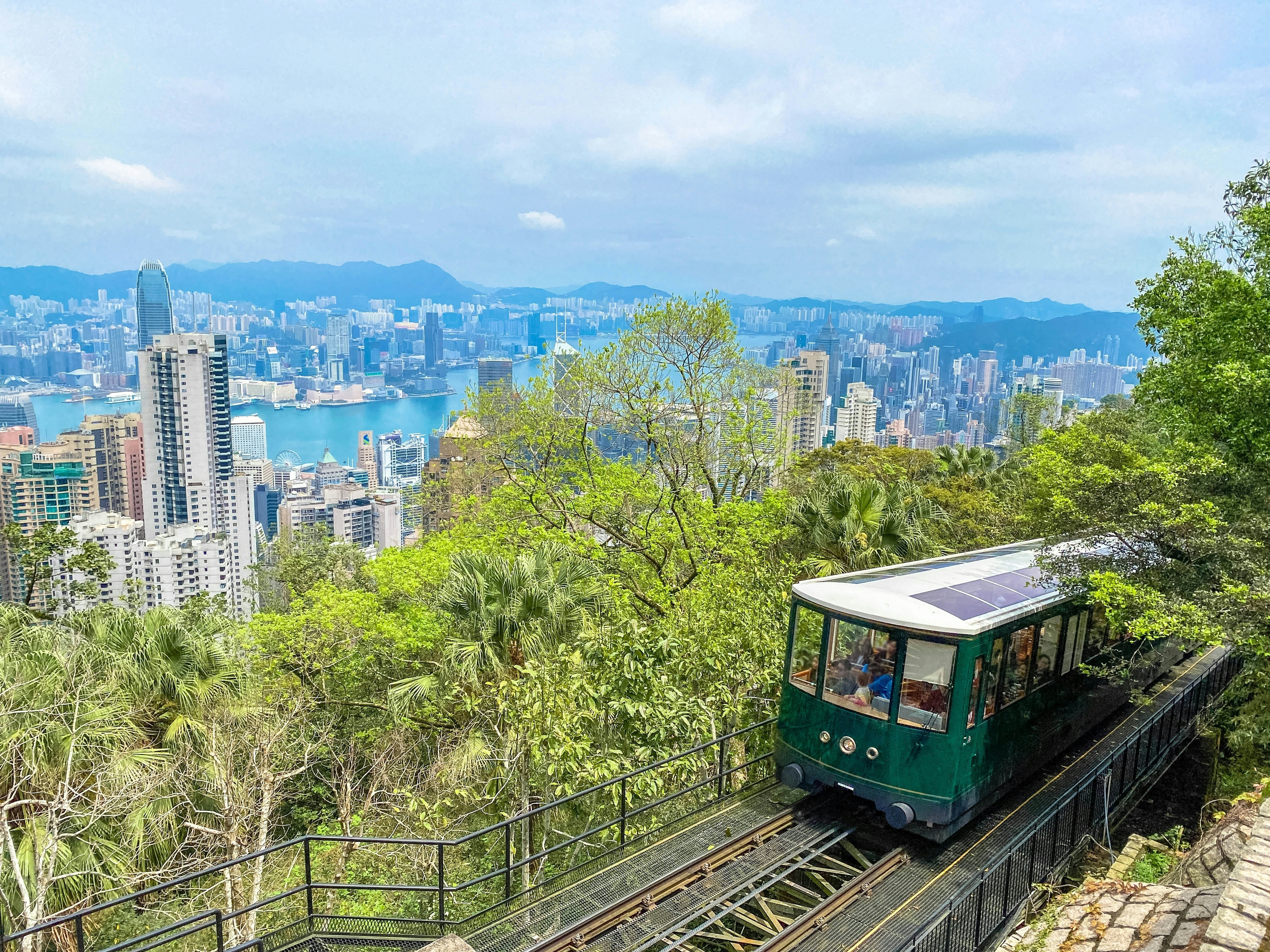 The famous Peak Tram climbs up the slopes of Victoria Peak in Hong Kong.