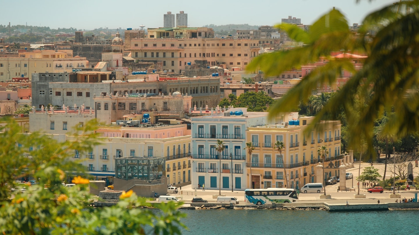 High angle view of Old Havana bay port malecon and city from Casa Blanca on a sunny day. Havana cityscape, skyline panorama, trees in foreground., License Type: media, Download Time: 2025-08-04T15:18:17.000Z, User: adouglaslott59, Editorial: false, purchase_order: 65050 - Digital Destinations and Articles, job: online editorial, client: TTD Havana update, other: Ann Douglas Lott
