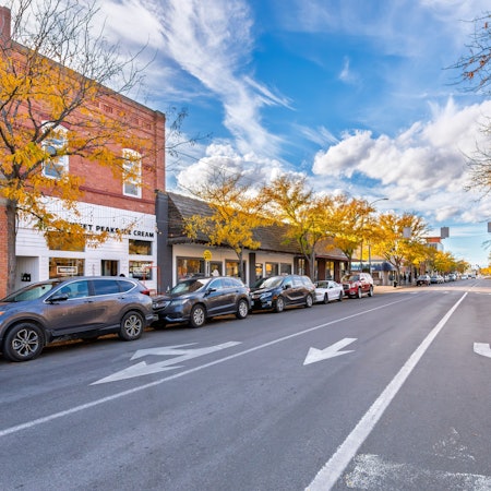 View of Main Street at Autumn in the 203 acre historic district listed on the National Register of Historic Places, of downtown Missoula, Montana