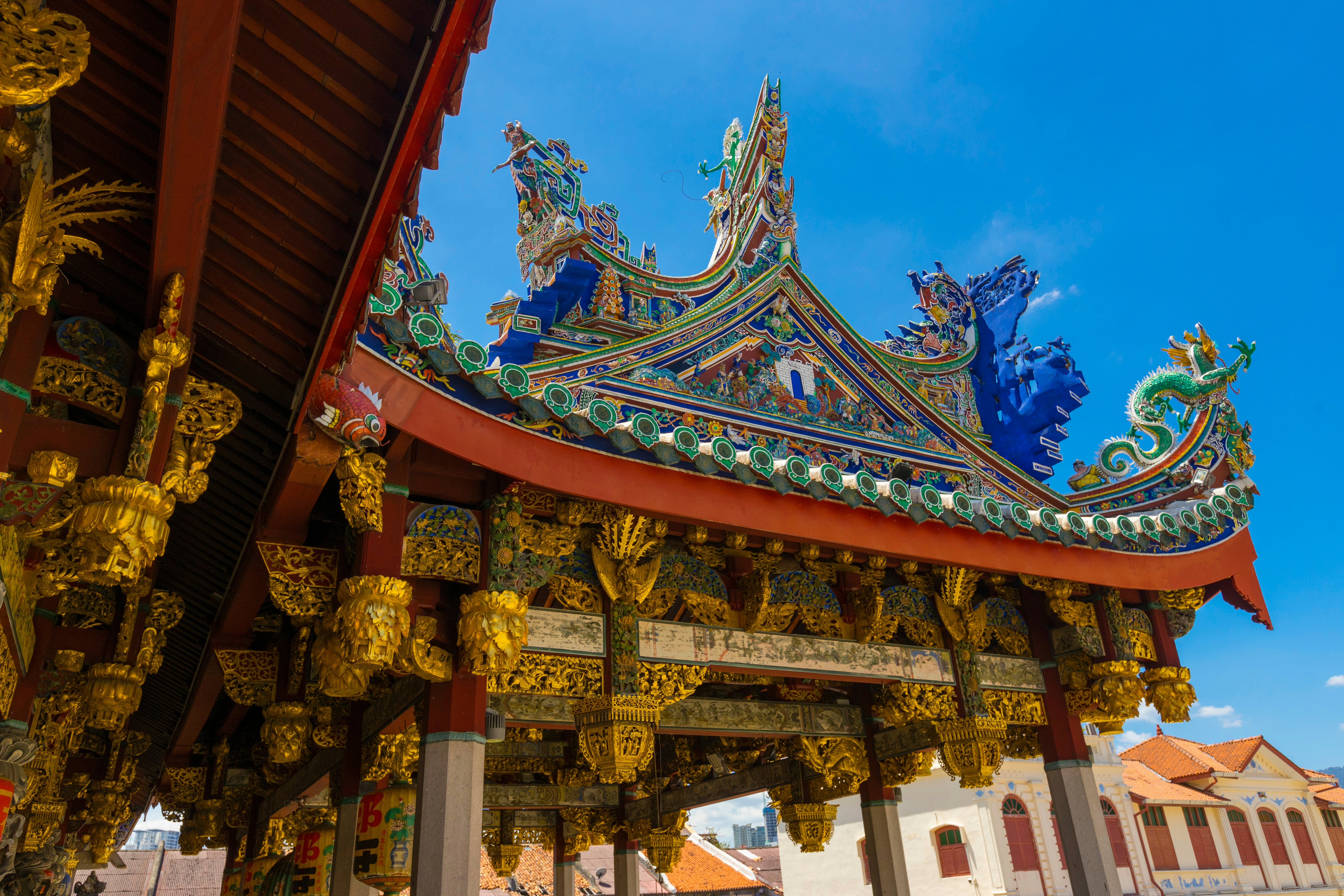 Detail of the exterior of an ornate and colorful house