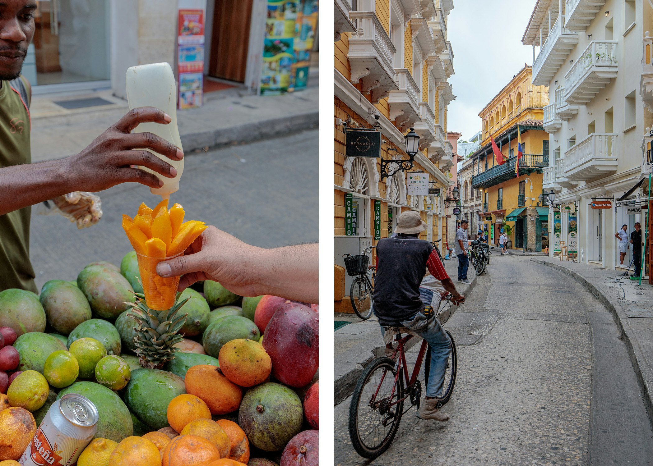 Left, a fruit vendor serves sliced mango; right, a man on a bicycle on a narrow street