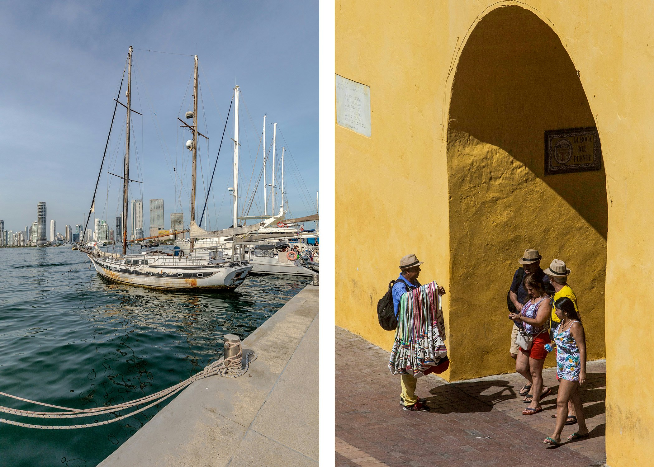 Left, boats at a dock with views of a city behind them; right, a man selling bags to a group of people