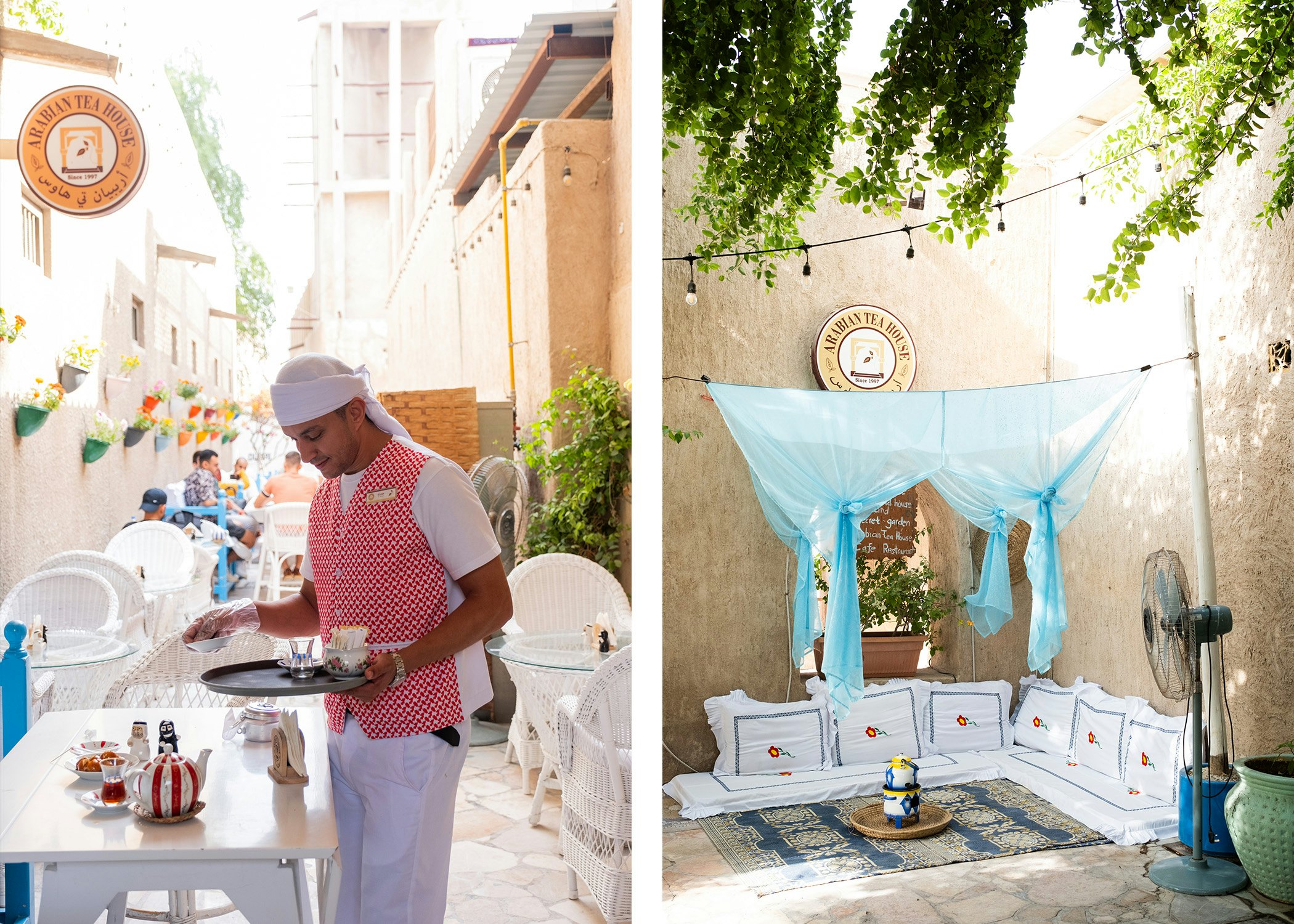 Left, a waiter clears a table in an outdoor dining setting; right, floor pillows arranged in an outdoor seating area with fabric hanging around them